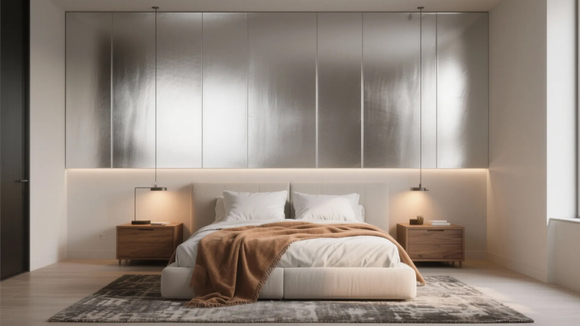 Modern bedroom featuring a silver wall panel behind a white bed with brown warm blanket