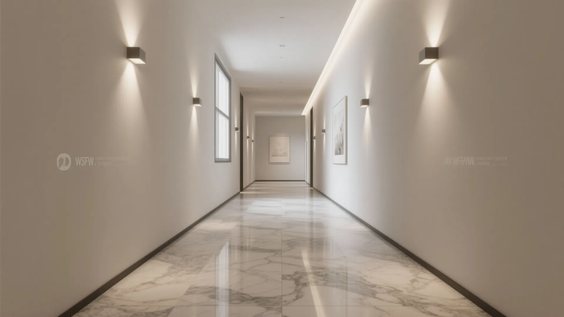Bright hallway with marble floor tiles white walls wall lights and three simple framed wall pictures