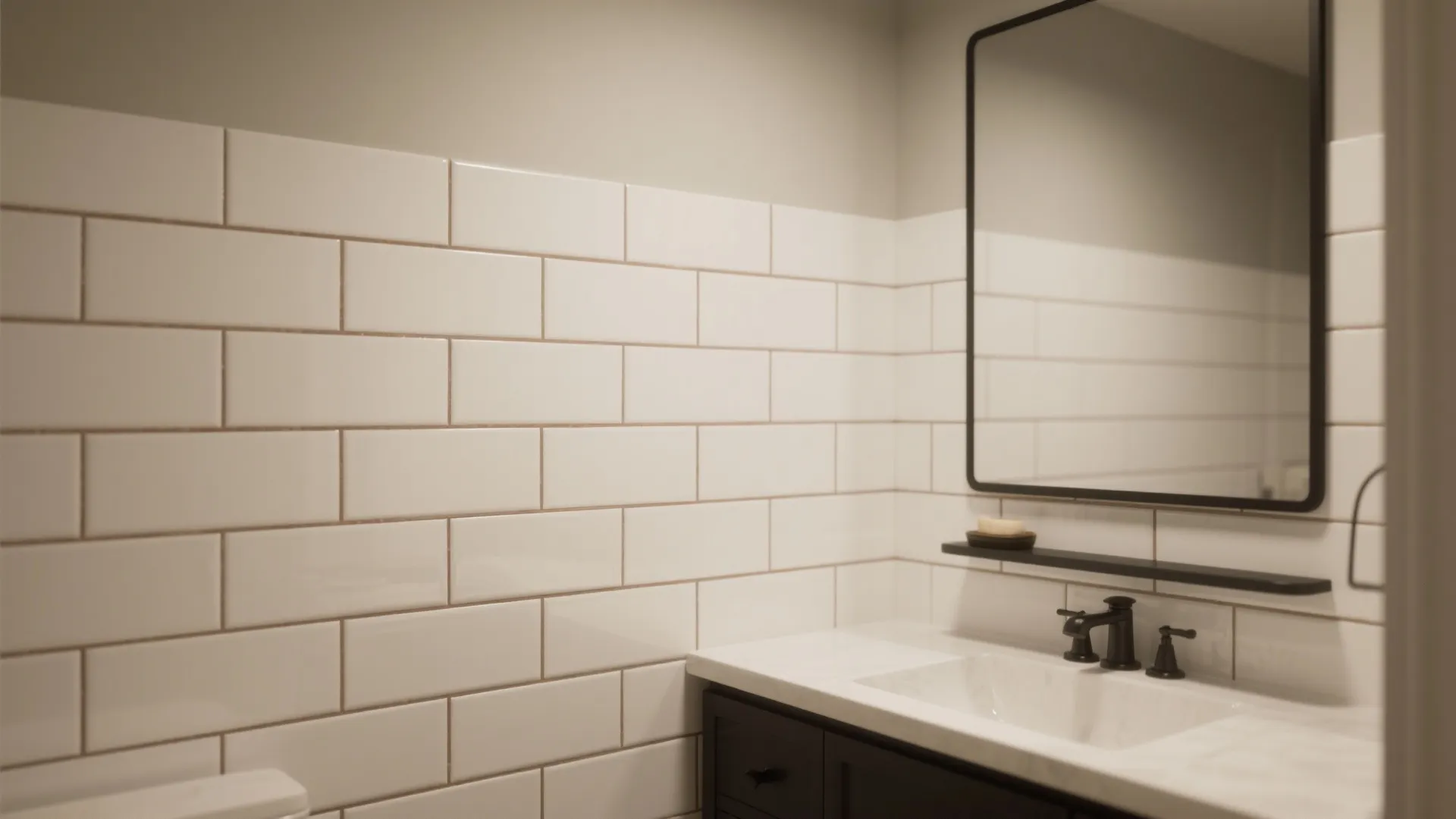 Satin white subway tile wall with warm taupe grout in a cozy modern bathroom.