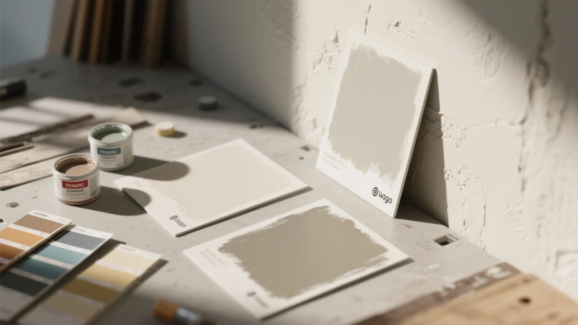 Different colored paint swatches and small paint jars on a work table with natural light