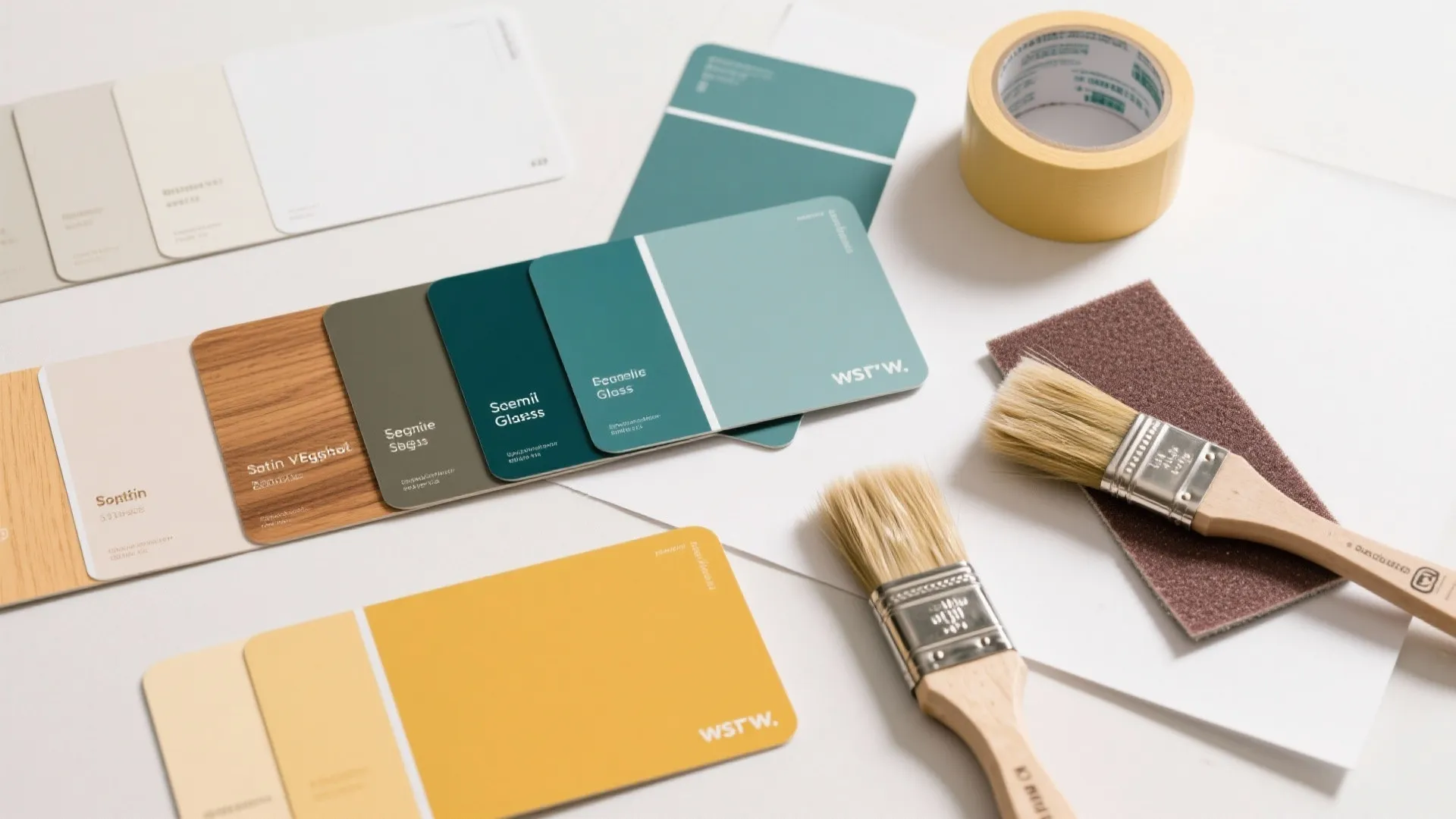 Interior design color swatches in green yellow and white with brushes tape and wood samples