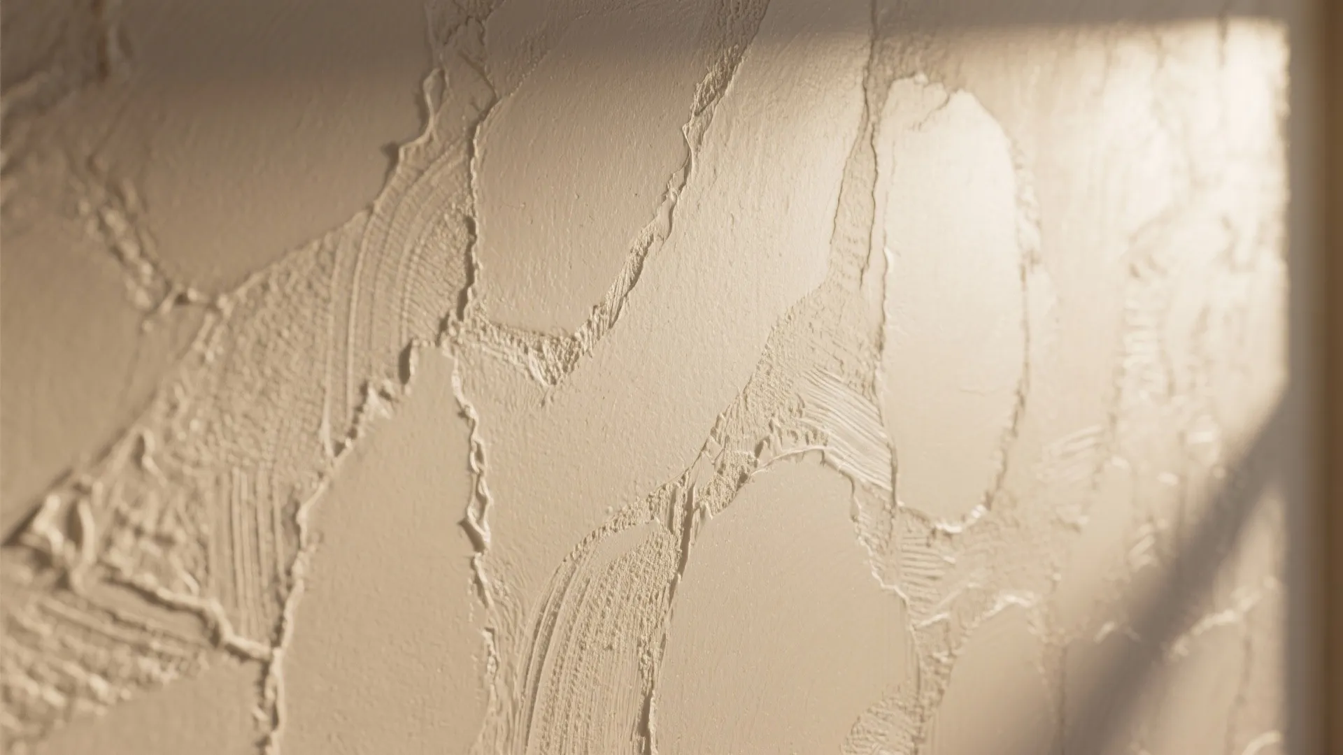 Close up view of textured beige wall paint with artistic brush strokes and soft sunlight