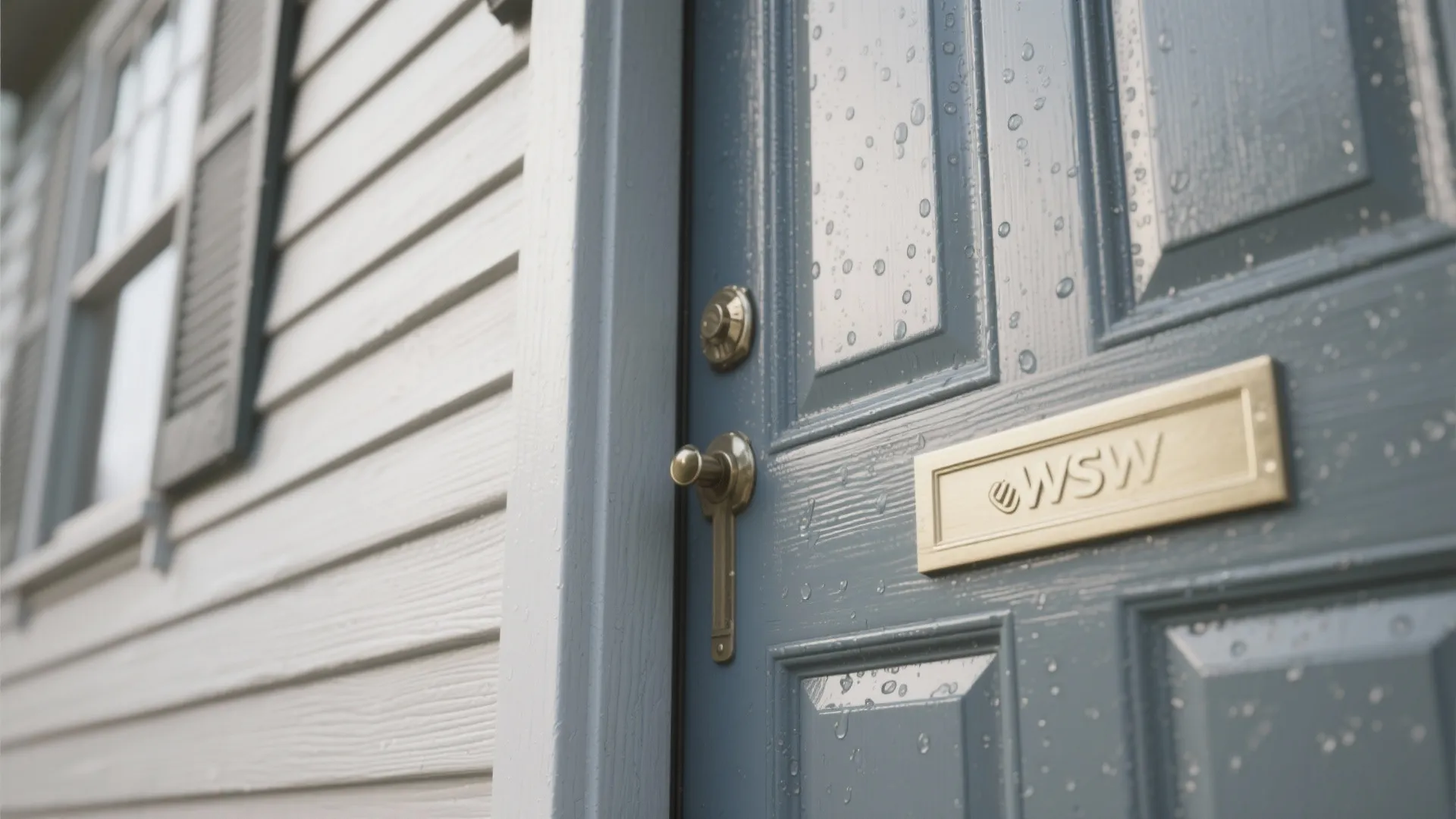 Close-up of a blue front door with raindrops, gold handle, and a brass mail slot