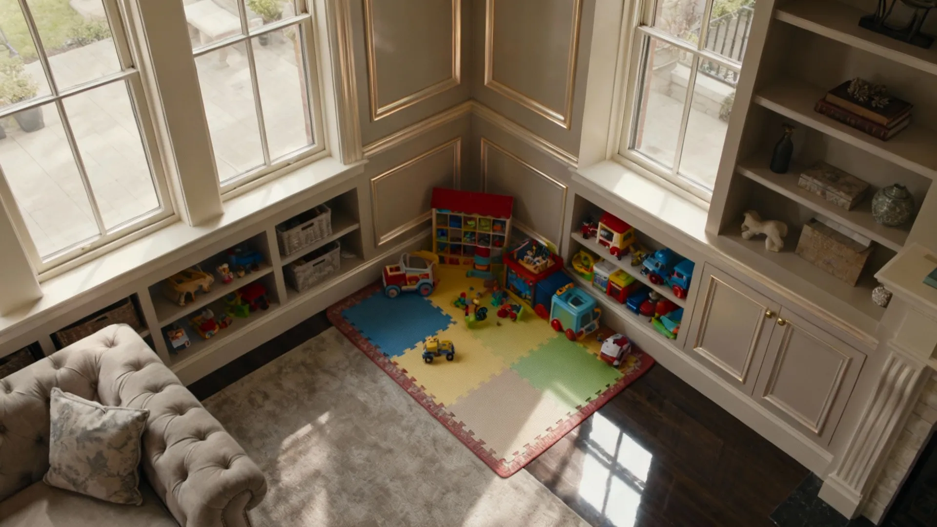 Trim and built-ins painted in satin sheen, showing soft luster and easy-clean surfaces in a family living room