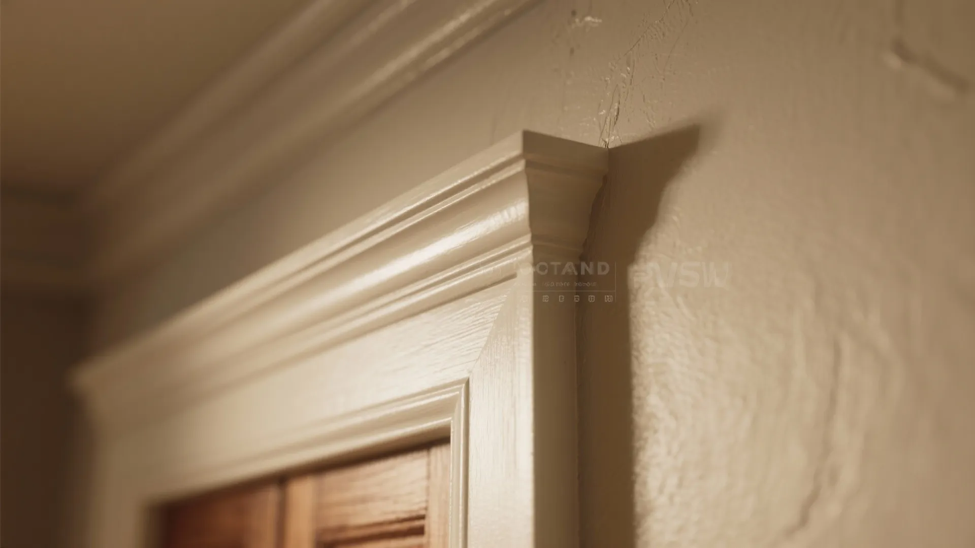 Close up view of white decorative wood door frame trim on a light beige wall