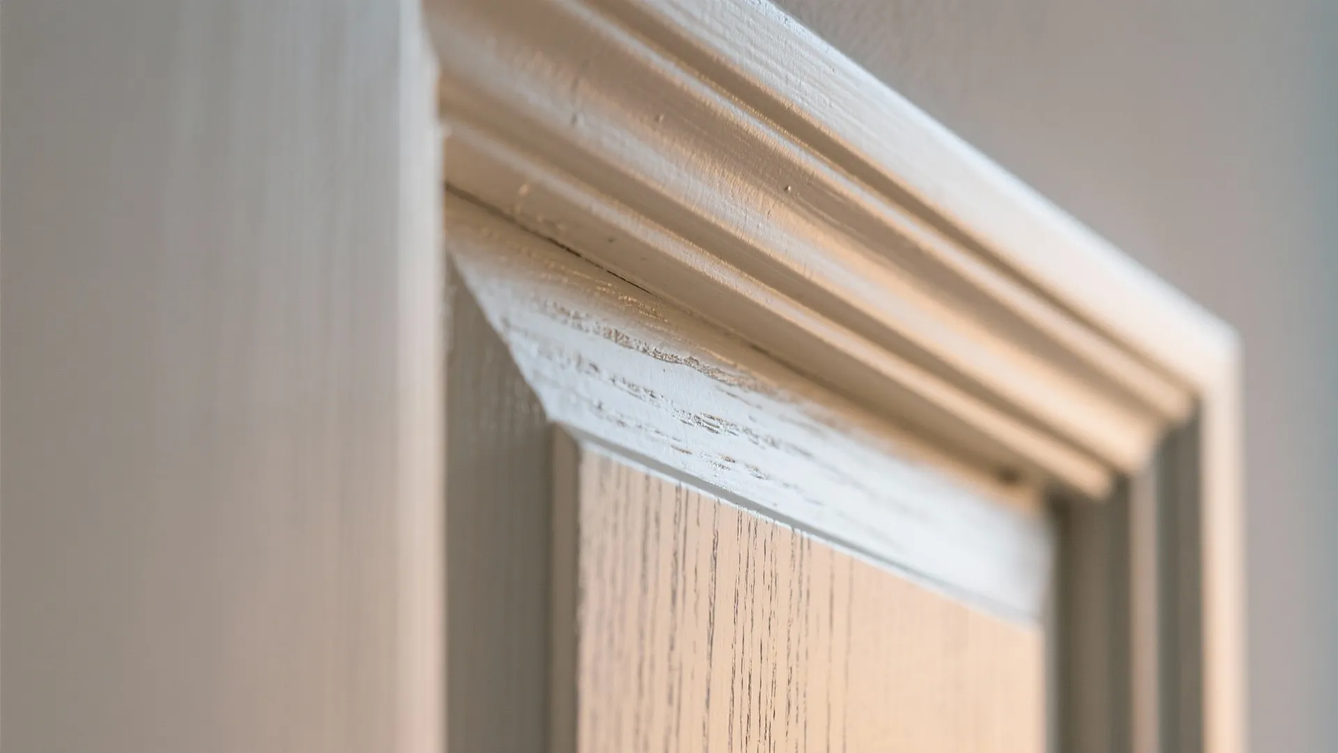 Close up of white wood door frame showing fine detail and smooth satin finish paint texture