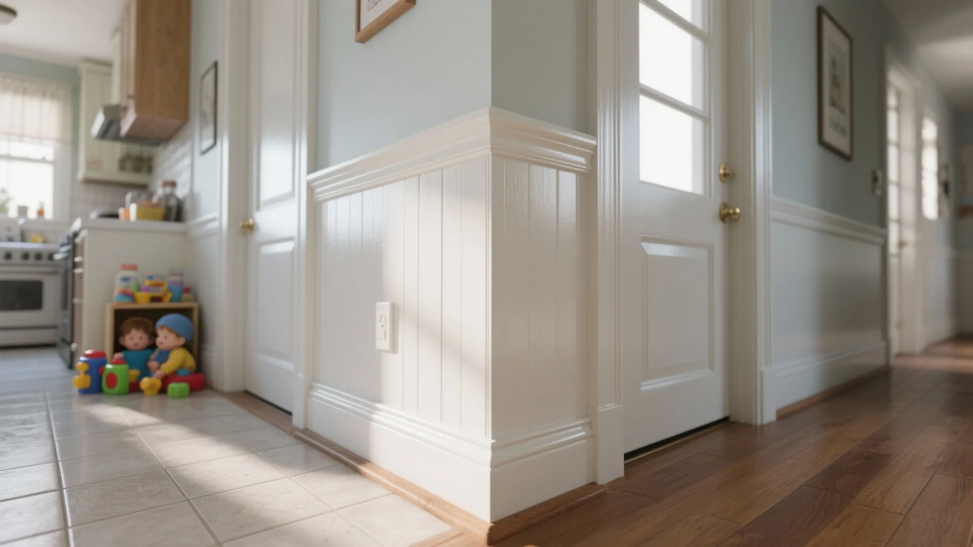 White wall panel in a hallway with wooden floors leading to a bright kitchen area