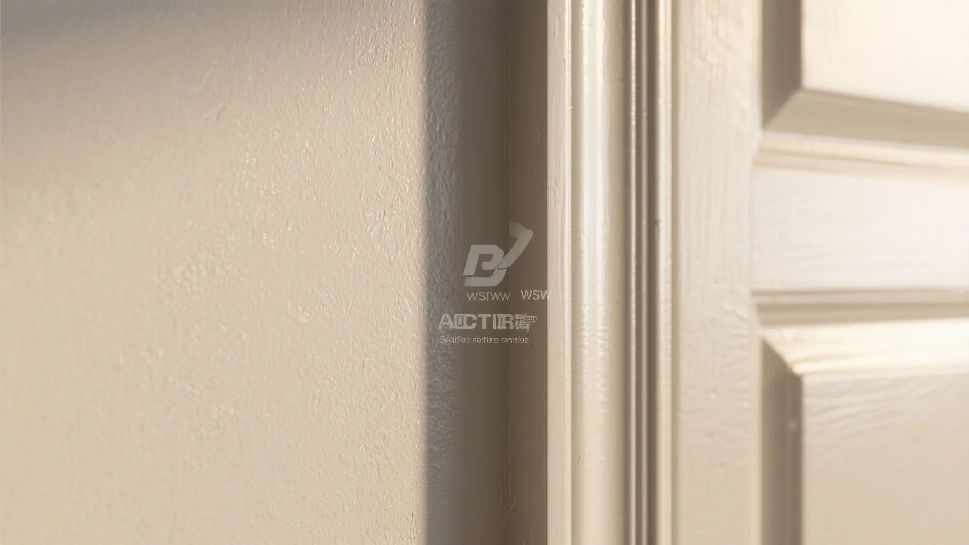 Close up view of cream white wall paint texture and matching door frame wood trim