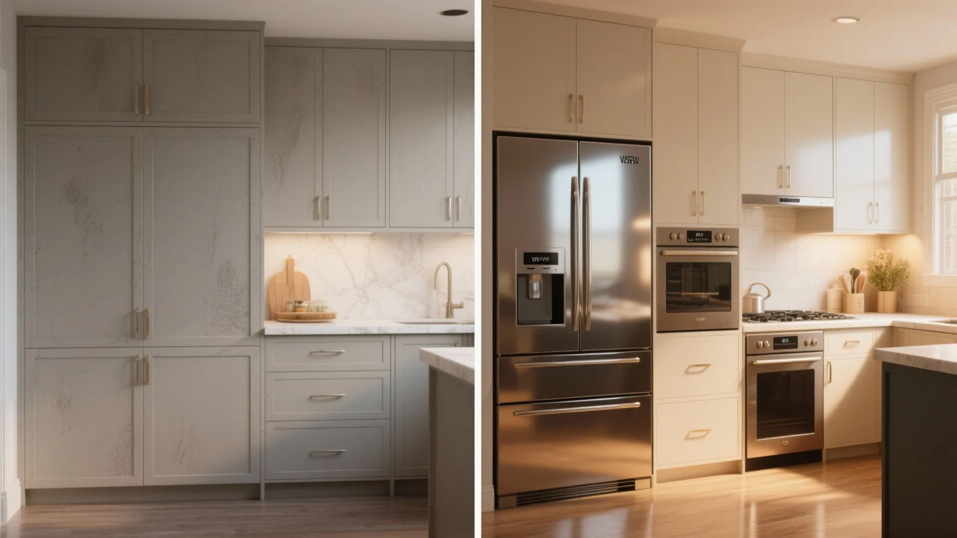 Side by side comparison of flat grey kitchen cabinets versus shiny white kitchen with appliances