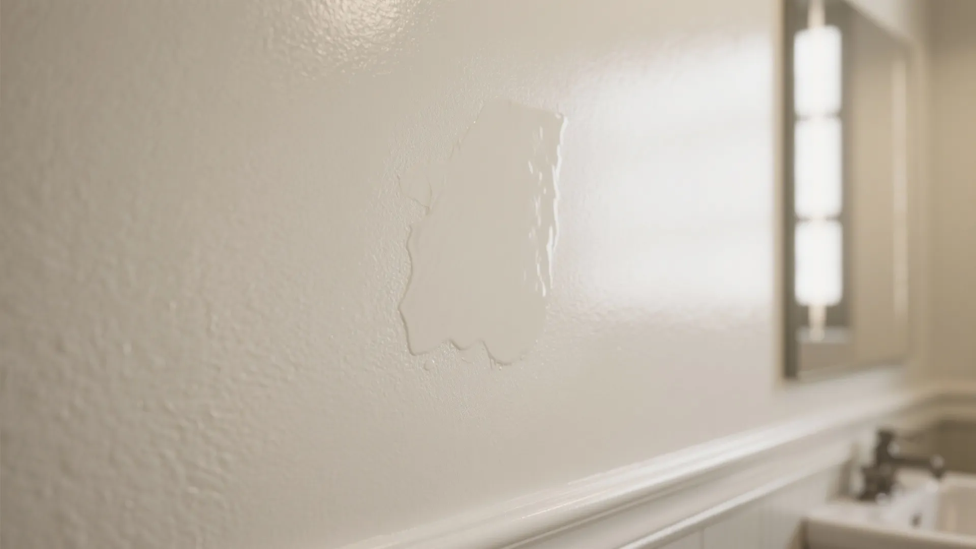 Close up view of white paint sample applied to a textured wall in a bathroom