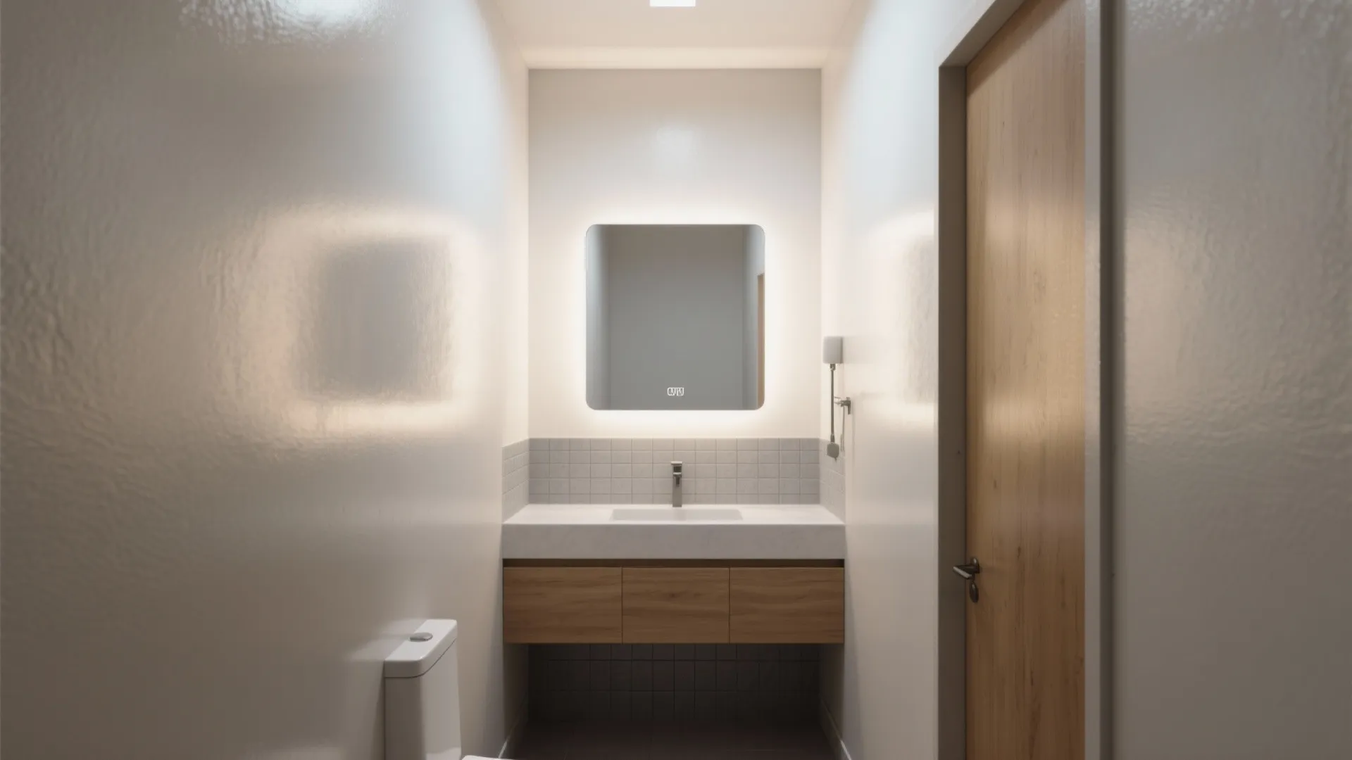 Small bathroom with white walls lighted square mirror wooden cabinet white sink and tall wooden door