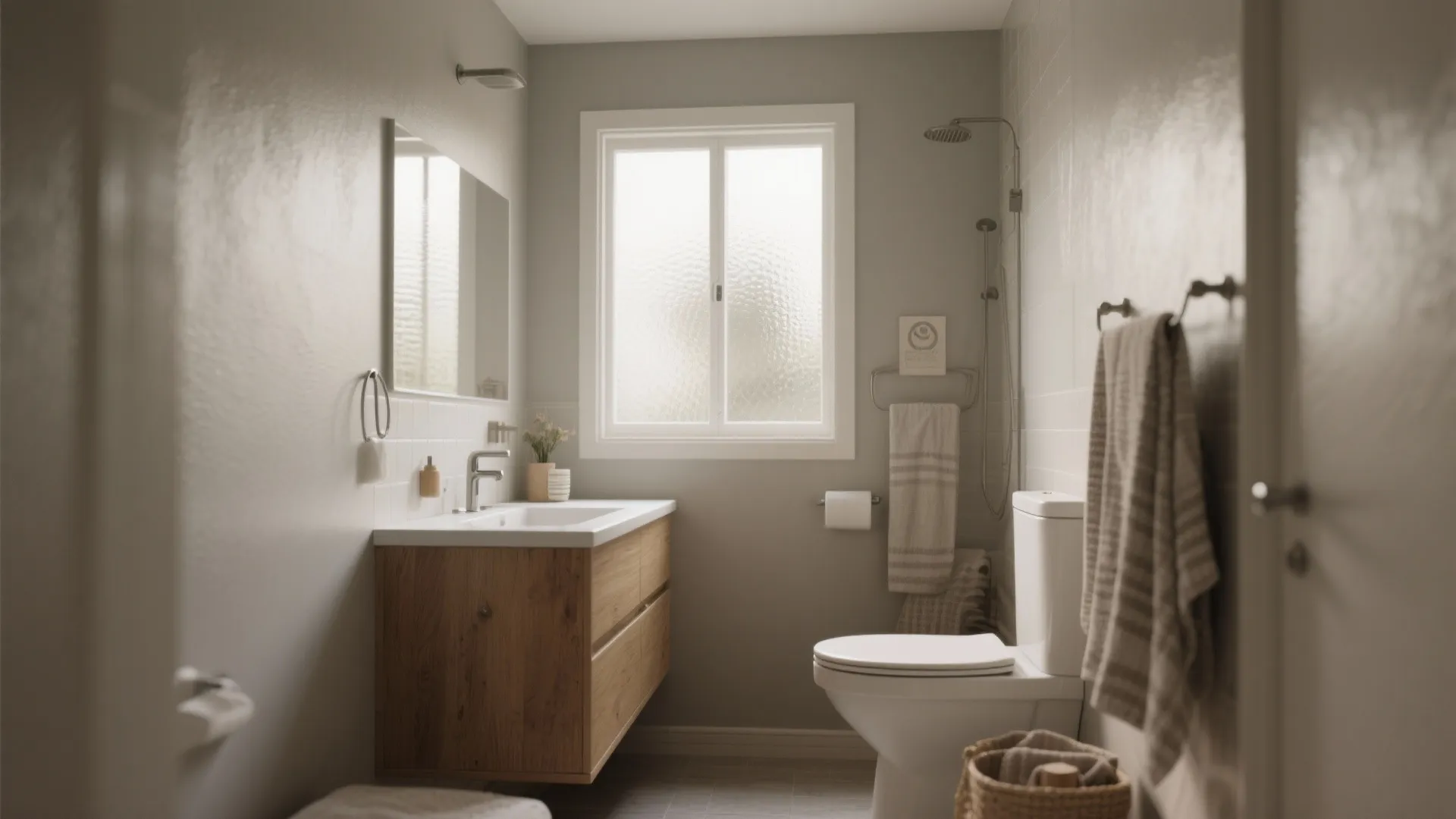 Modern bathroom featuring wooden cabinet, white sink, wall mirror, white toilet, window and striped towels