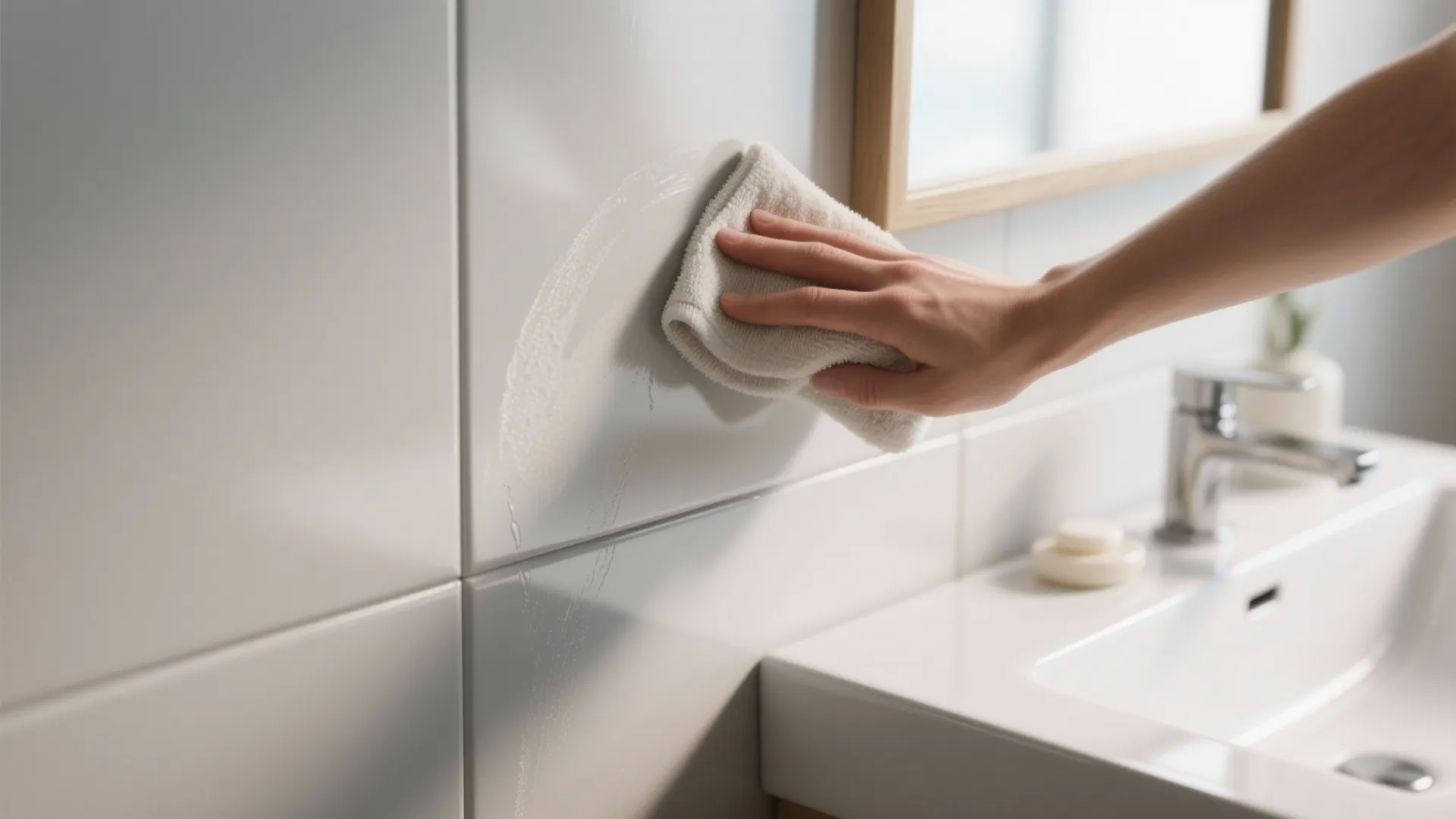 A person using a soft white cloth to clean shiny grey tiles in a bathroom