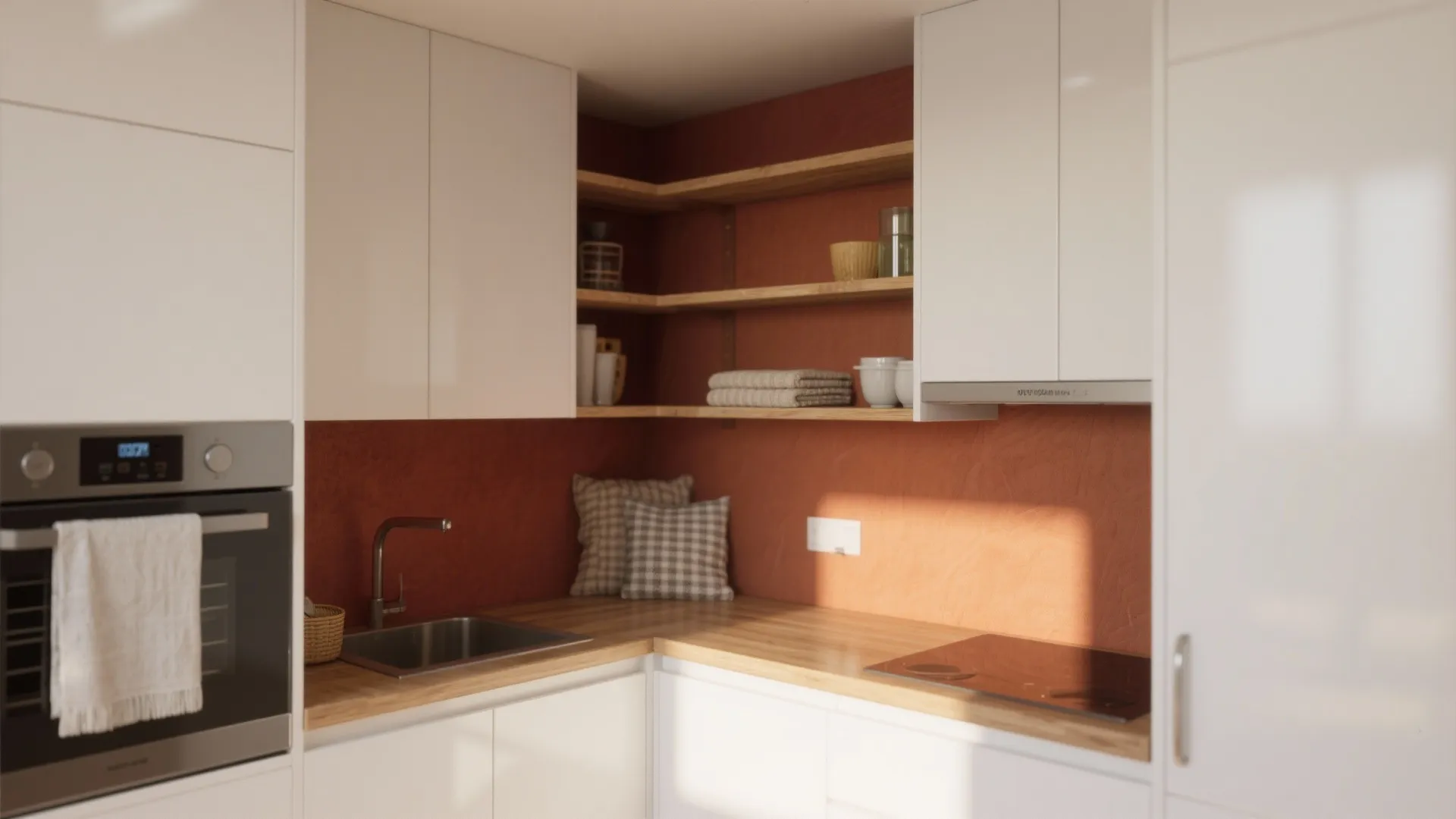 1. Satin White with a Warm Accent Wall