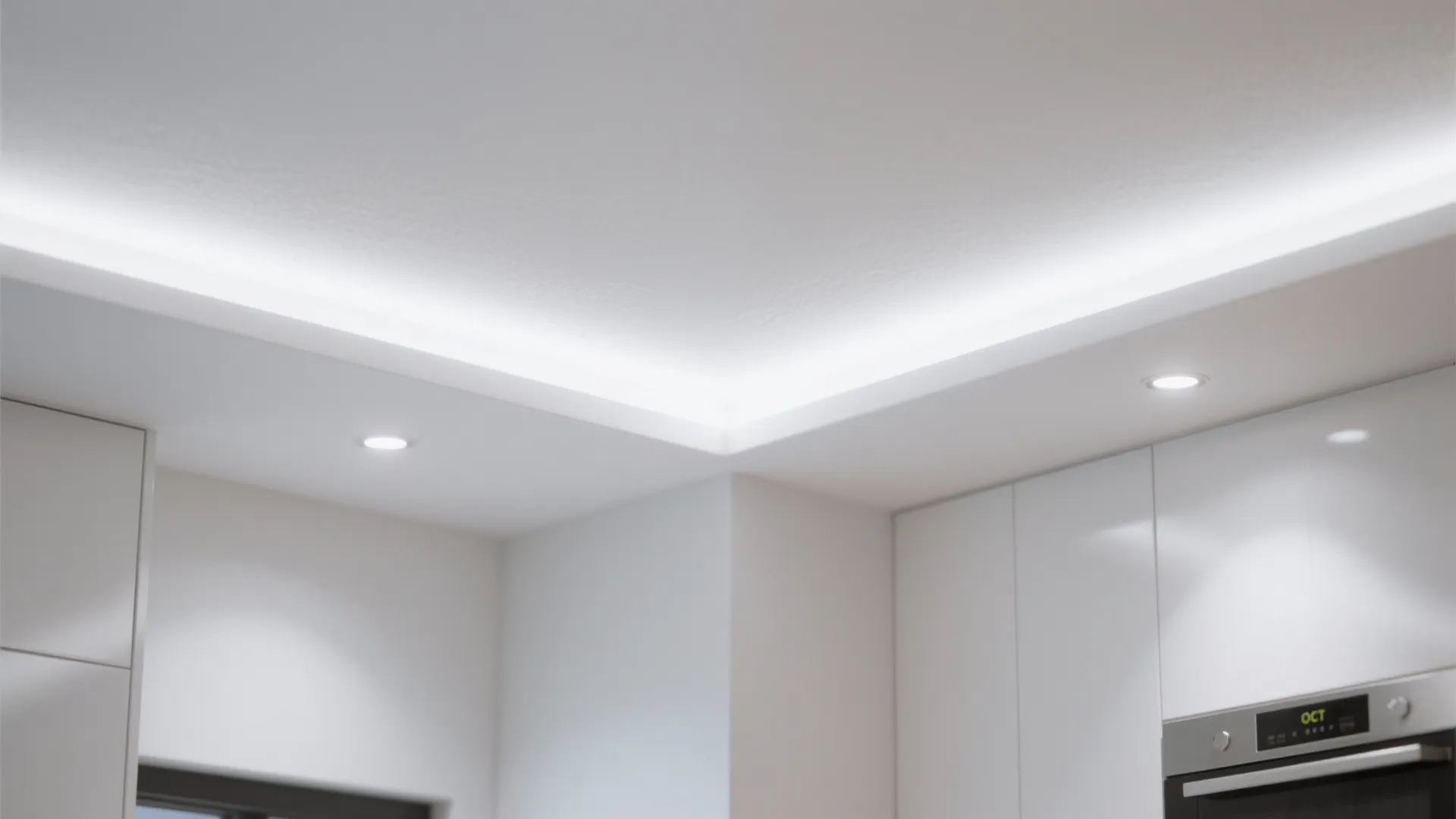 Close-up of a bright white satin kitchen ceiling showing smooth reflective texture and recessed light.