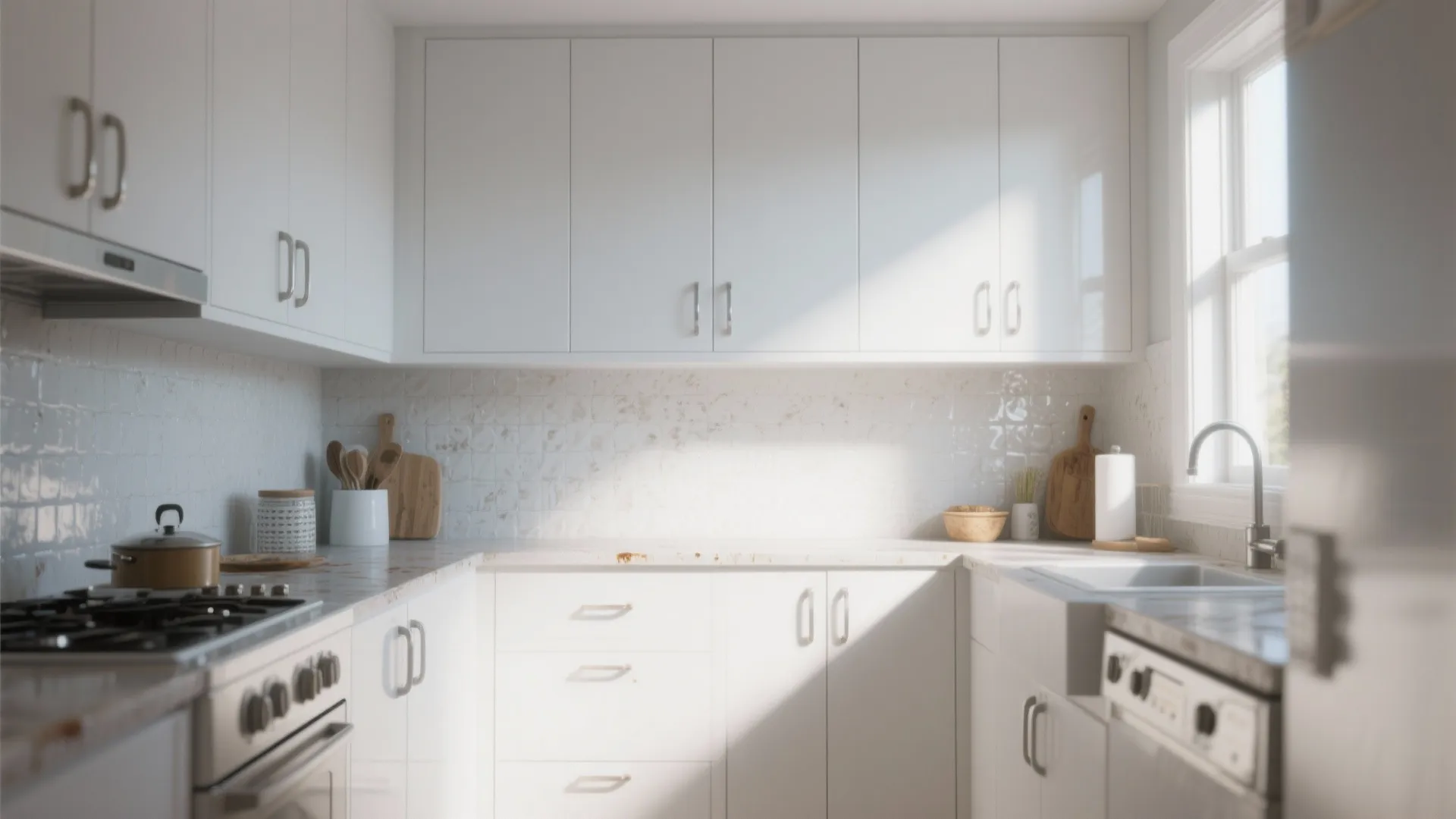 Small white kitchen with white cabinets, white tile backsplash, gas stove, sink, and natural light