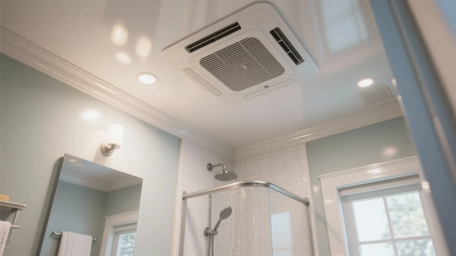 Modern bathroom ceiling with central fan unit plus recessed lights and a glass shower stall