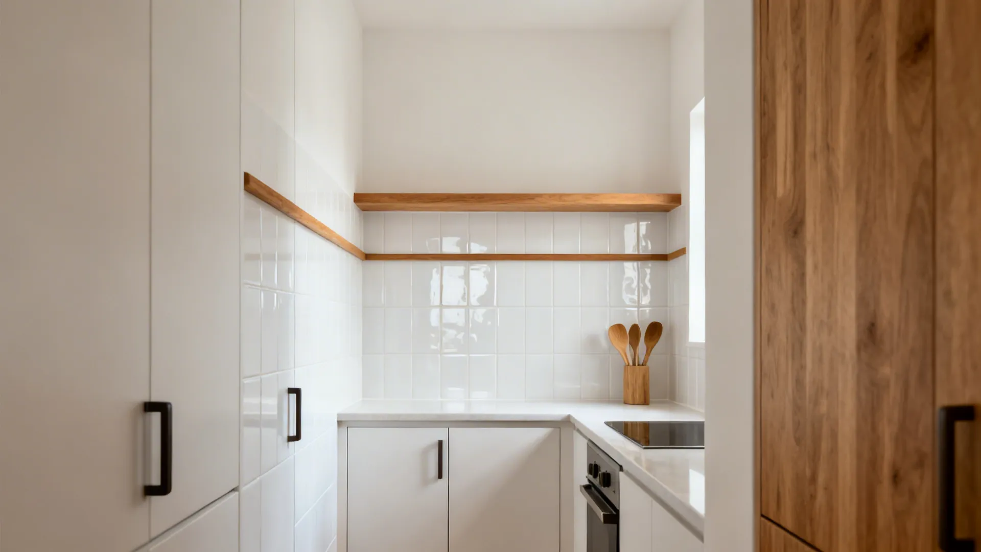 Minimalist white kitchen featuring white cabinets square tiles wooden floating shelf and light wood wall panel