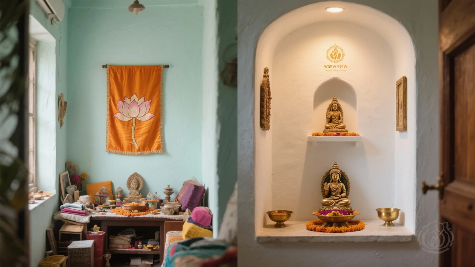 Before and after comparison of a messy home altar versus a clean white wall niche