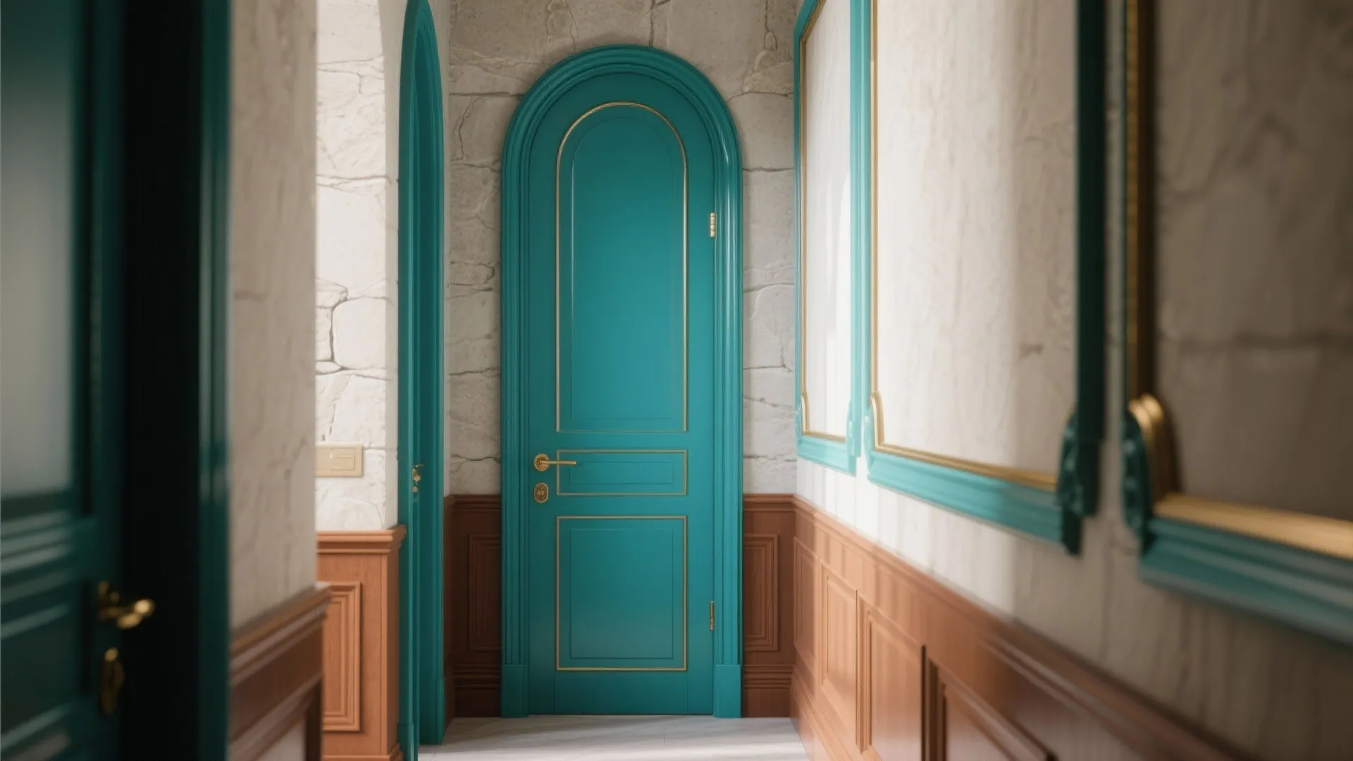 Macro of a teal satin-finish door beside cinnamon skirting and soft stone wall.