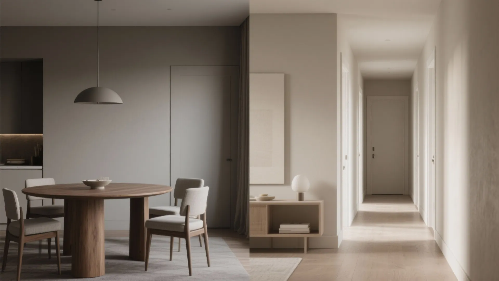 Interior design comparison showing minimalist dining area with wooden table and a long bright hallway
