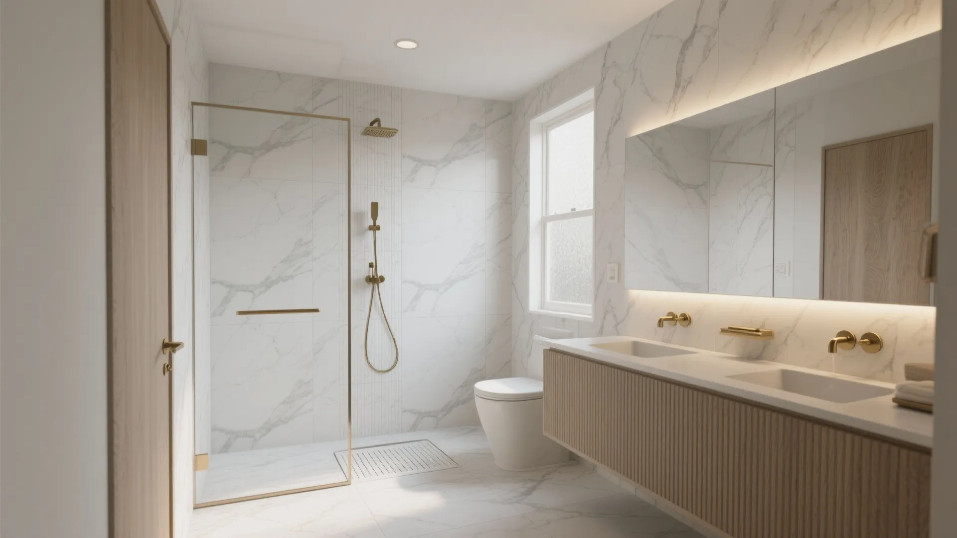 Luxury bathroom design with marble wall panels glass shower enclosure wooden vanity and warm led lighting