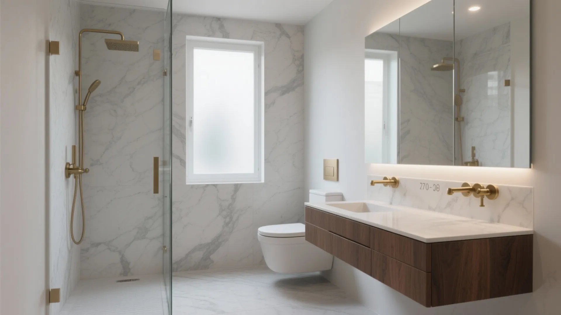 Modern white marble bathroom featuring gold faucets a wooden cabinet toilet and a glass shower