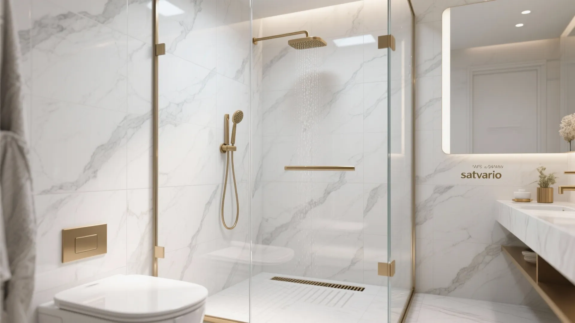 Modern bathroom with marble wall panels gold shower head glass door white toilet and vanity