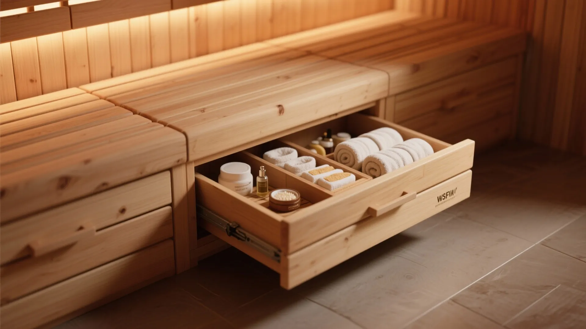 Storage drawers hidden under sauna bench