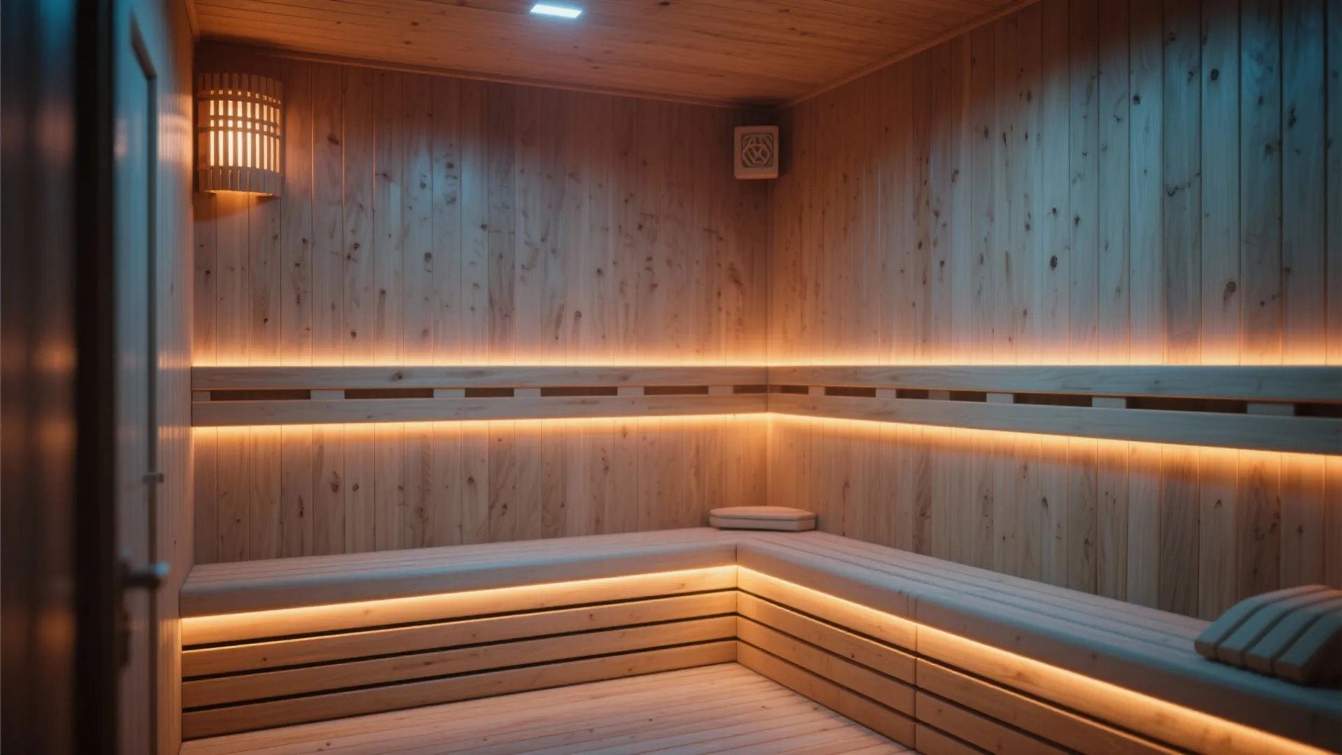 Warm LED strip lighting inside a compact sauna