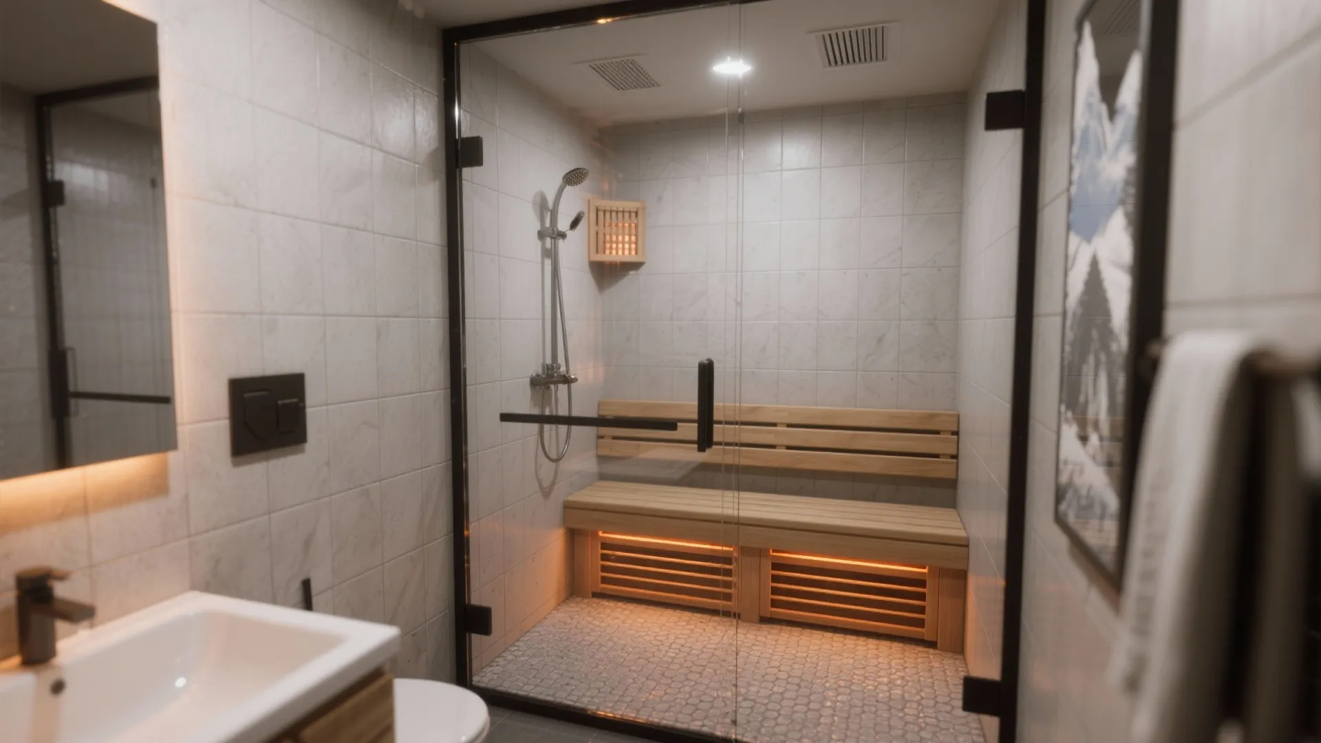 Modern bathroom featuring a glass shower room with wooden bench white tiles and mountain artwork