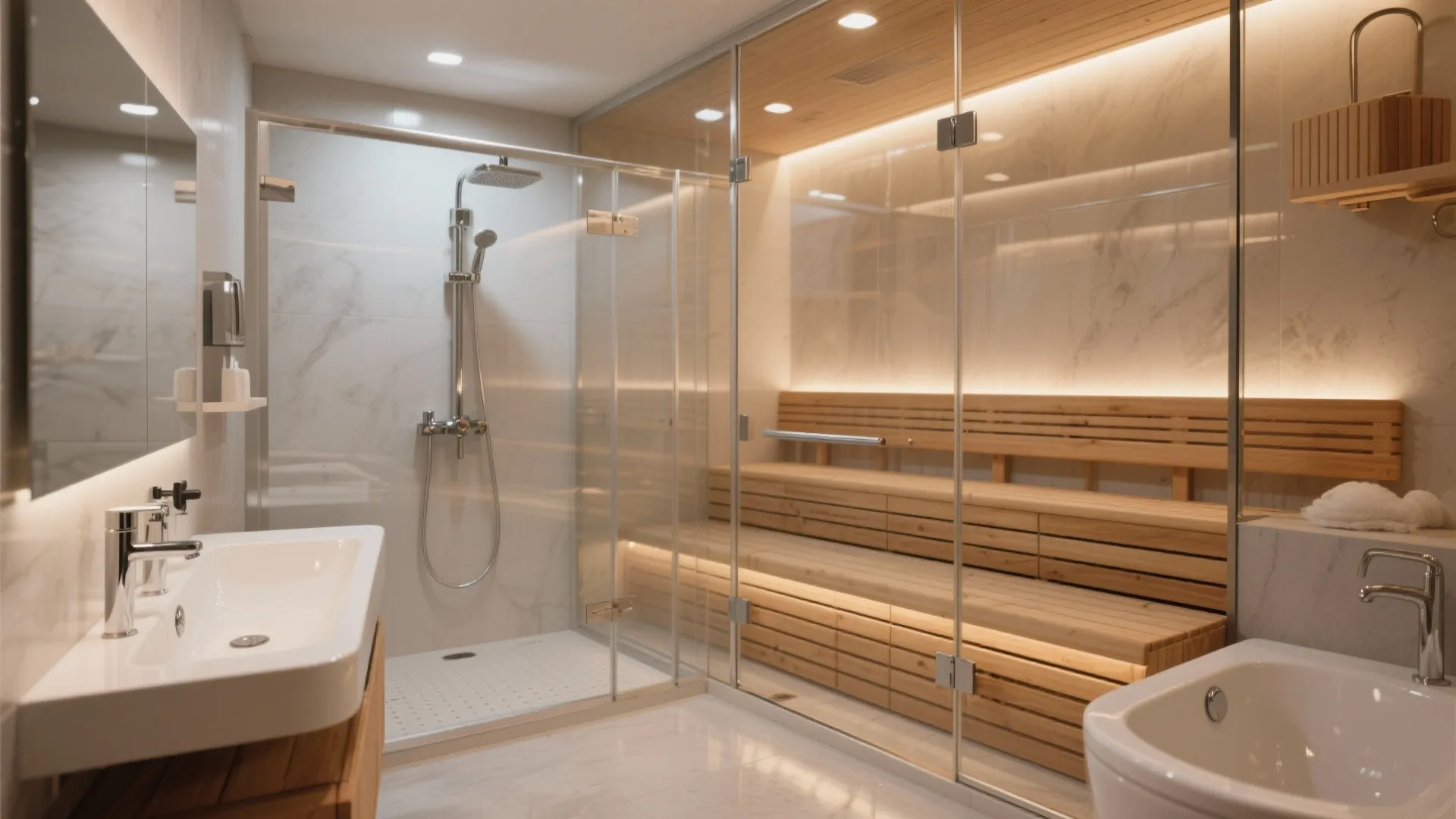 Combined sauna and steam shower in one glass enclosure