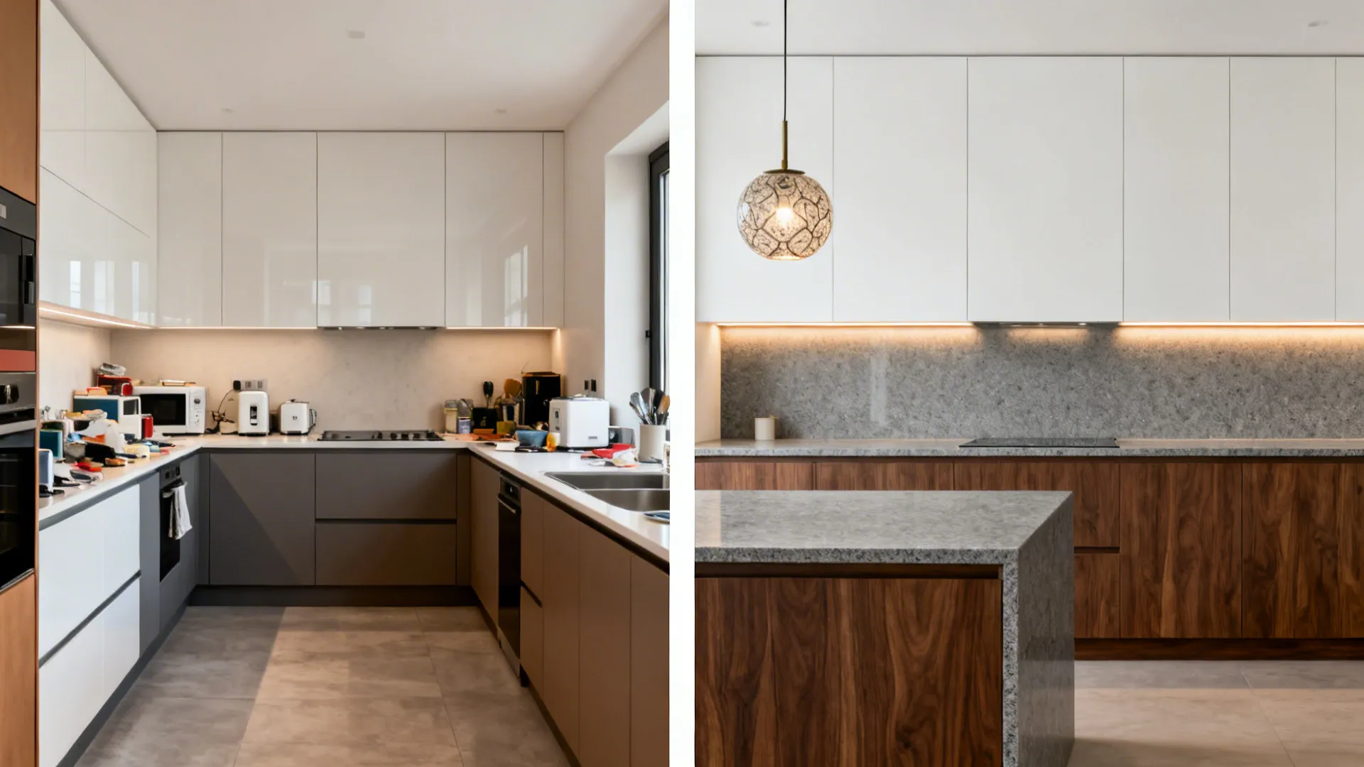 Before and after comparison of a messy kitchen versus a modern clean wooden kitchen design