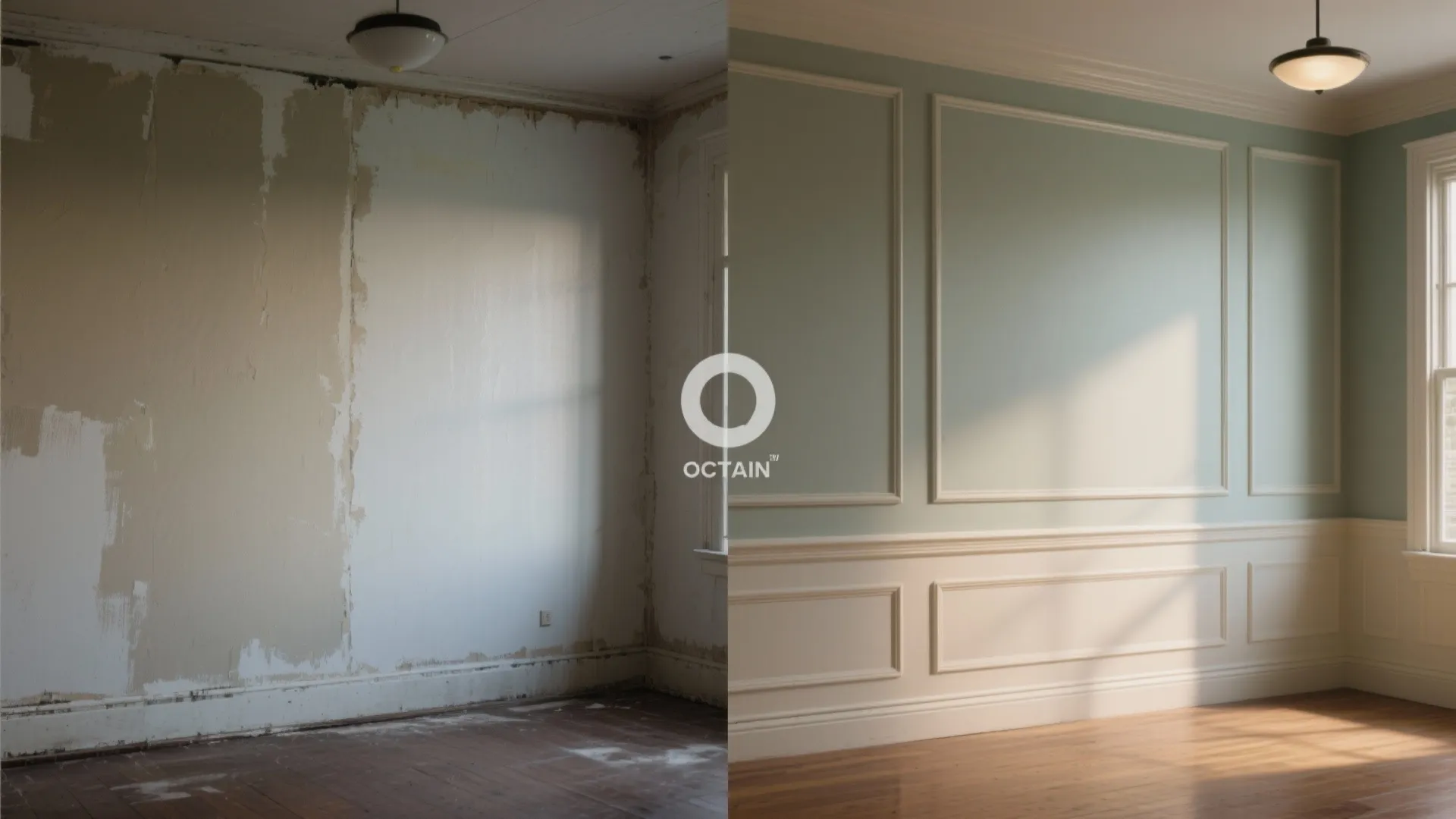 Before and after comparison of old damaged wall versus new light blue wall panel design