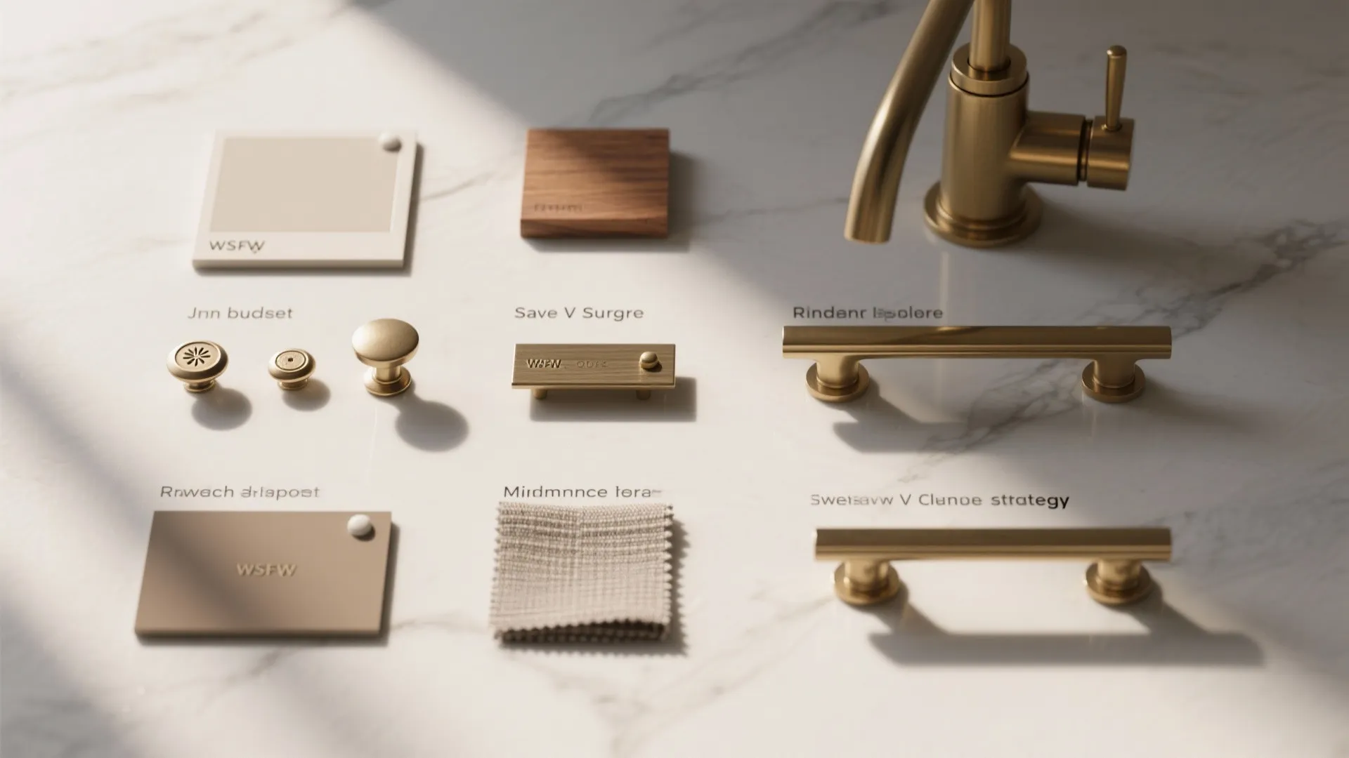 Interior design flatlay with gold handles gold faucet wood samples and fabric on marble surface