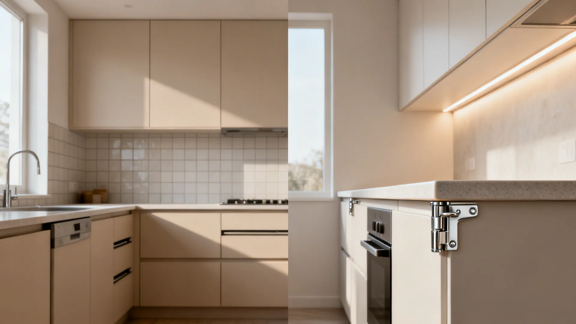 Split view showing basic finishes versus upgraded hardware, lighting, and counters in the same kitchen.