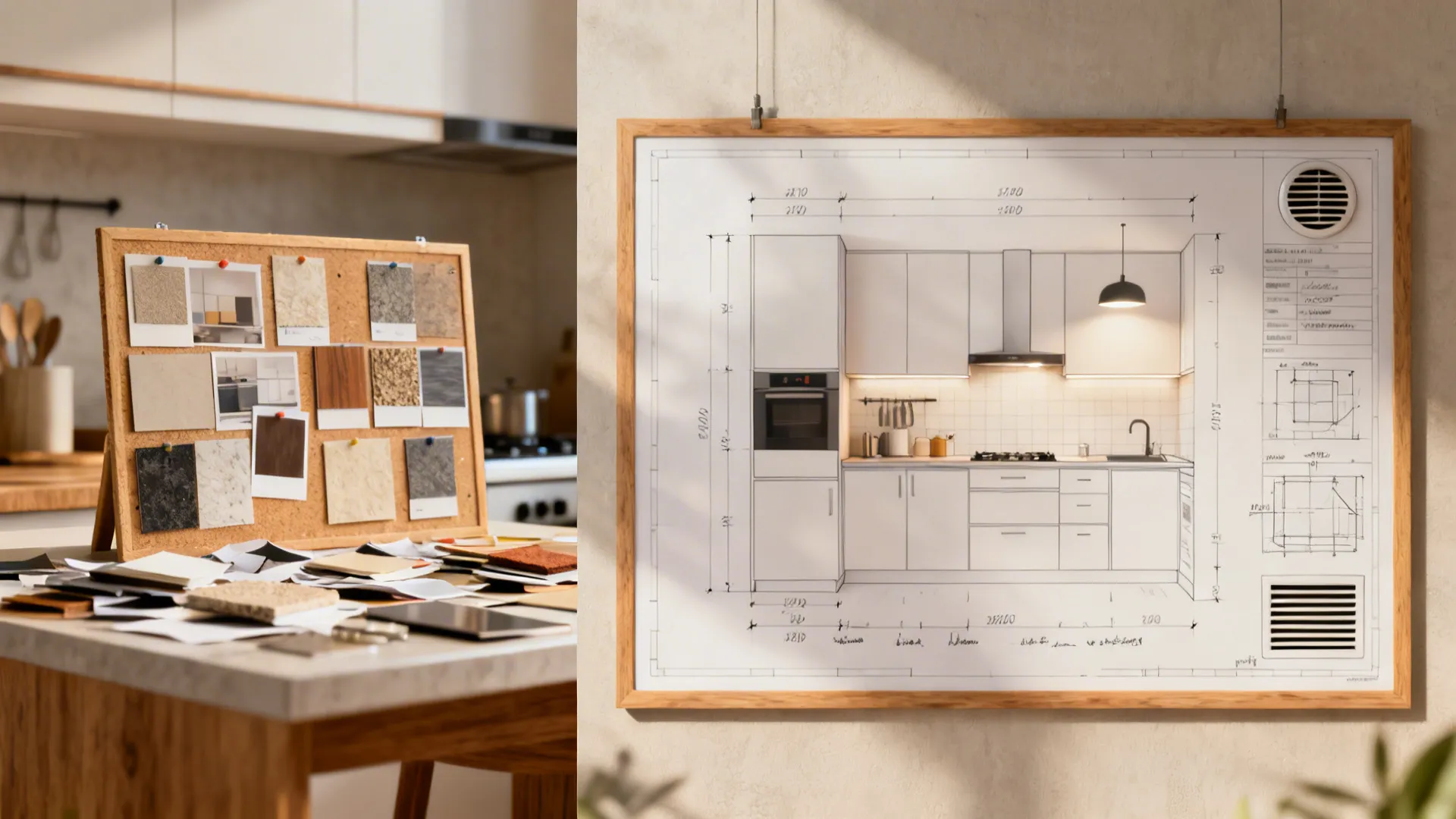 Split view showing excessive finish options versus focused essentials like layout and lighting.