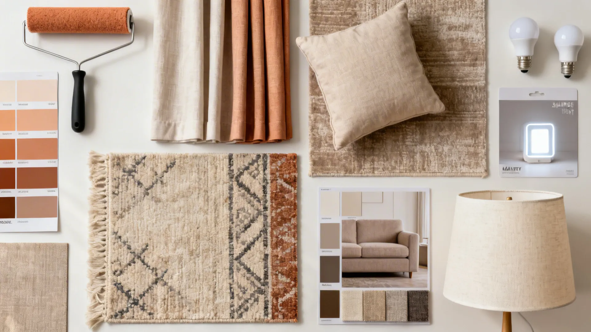 Flat lay of paint, curtains, cushions, LED bulbs, a linen shade, and premium rug and upholstery swatches.