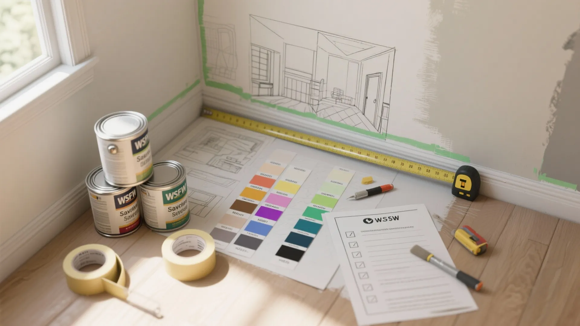 Home renovation planning tools with paint cans and color swatches and interior design drawings on floor