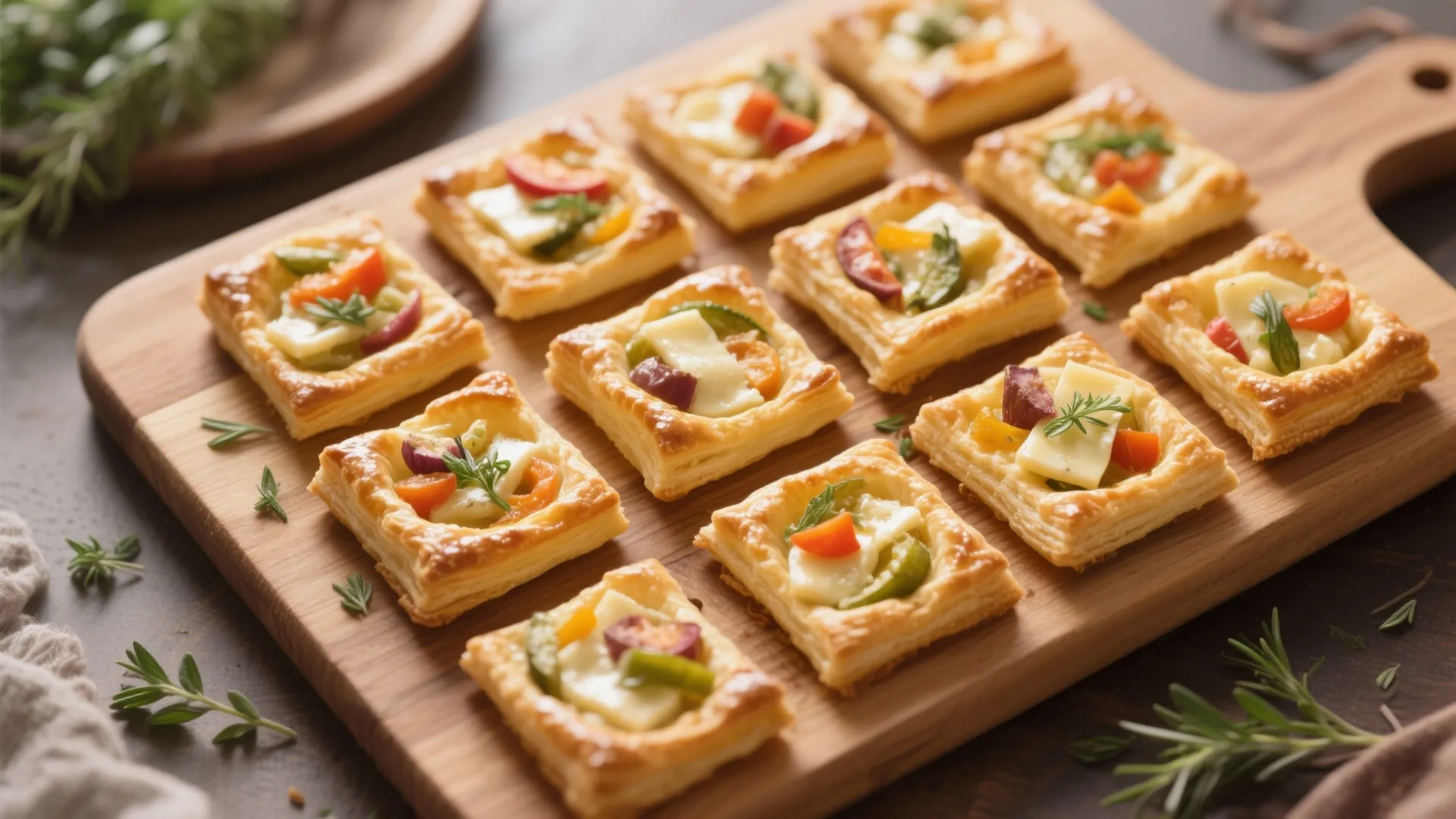 Square puff pastry appetizers with vegetables and cheese served on a wooden cutting board table