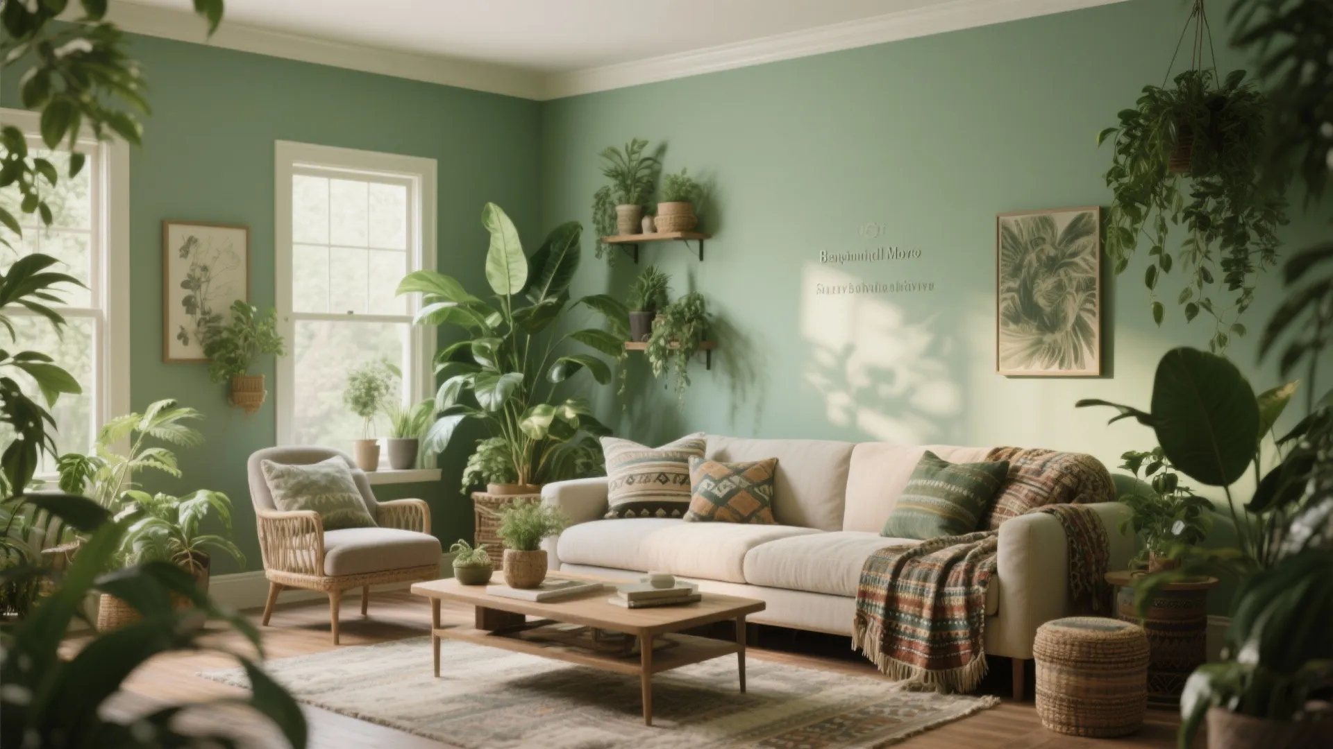 Living room with Saybrook Sage walls and lush indoor plants