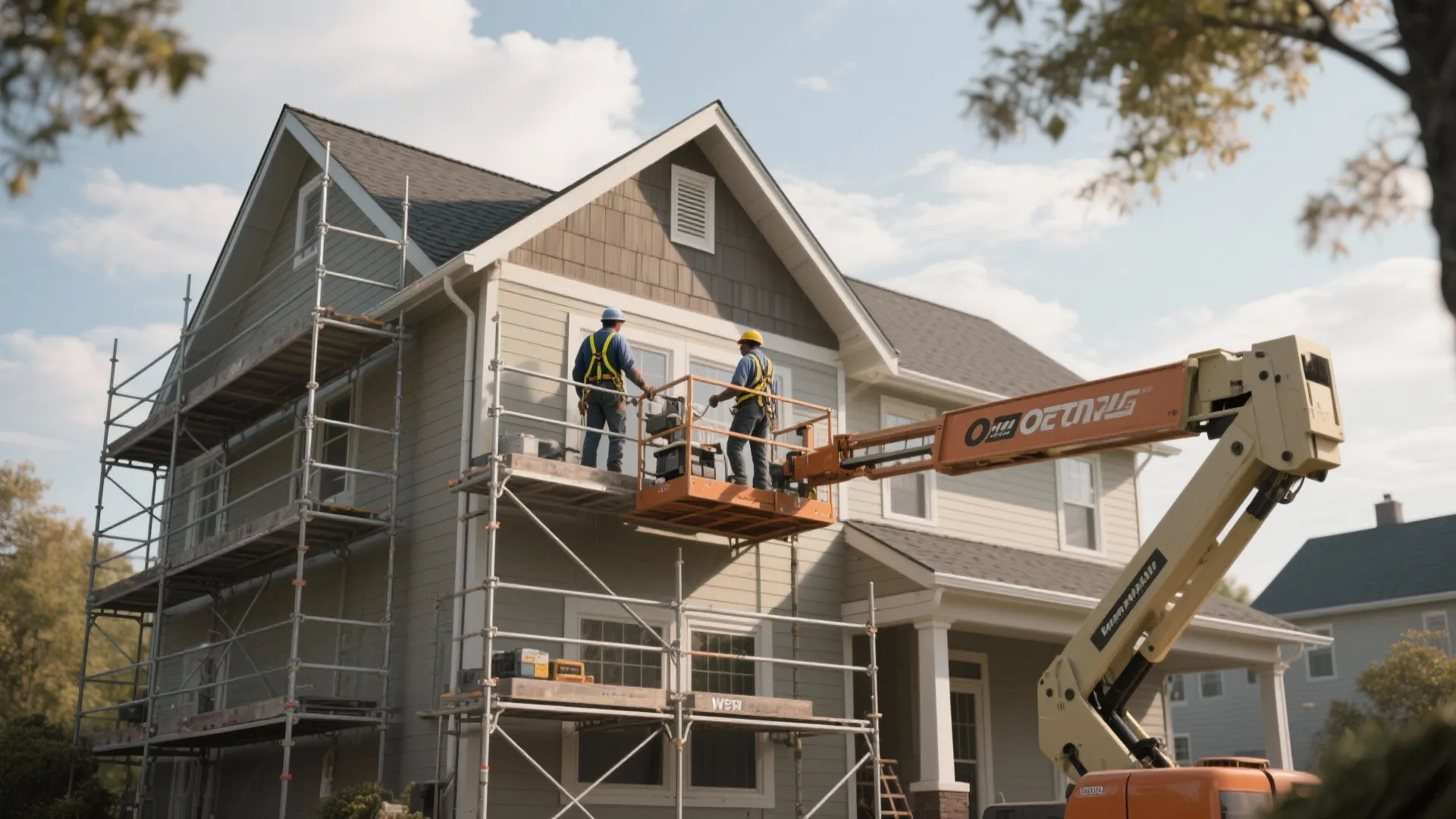 Construction workers using scaffolding and mechanical lift to repair the exterior of a two story house