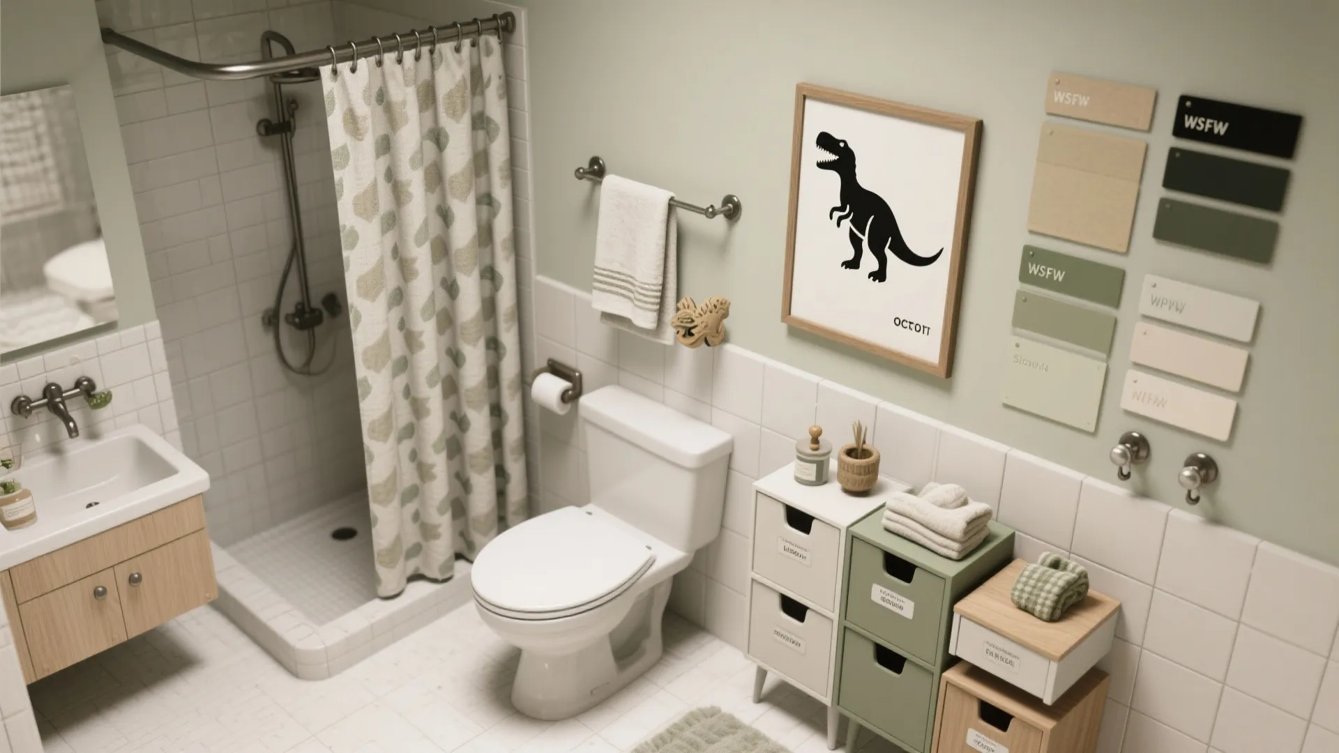 Flatlay of neutral swatches and swap-in dinosaur textiles and accessories for scalable bathroom design.
