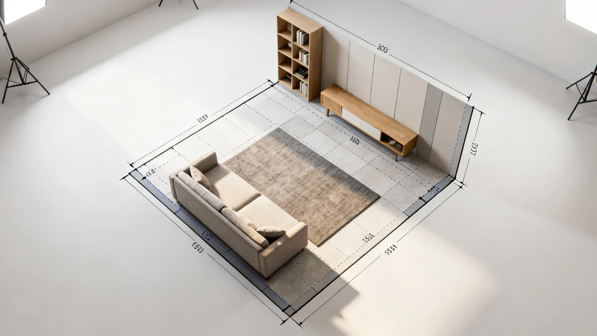 Top-down mockup of a small living room showing scaled furniture and circulation paths in a 3D planner