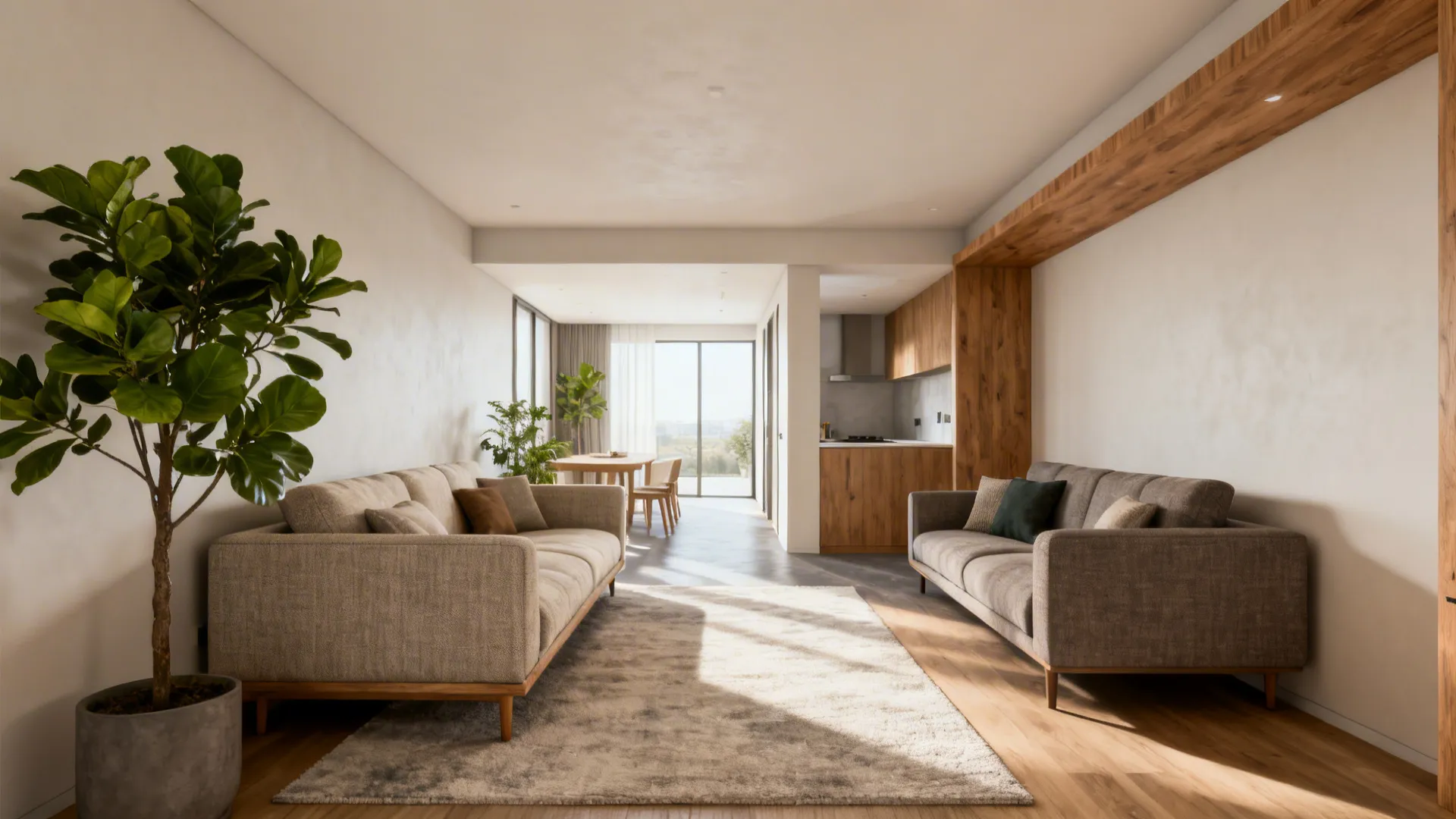 Open-plan small living space with two sofas of different depths defining lounge and formal zones.