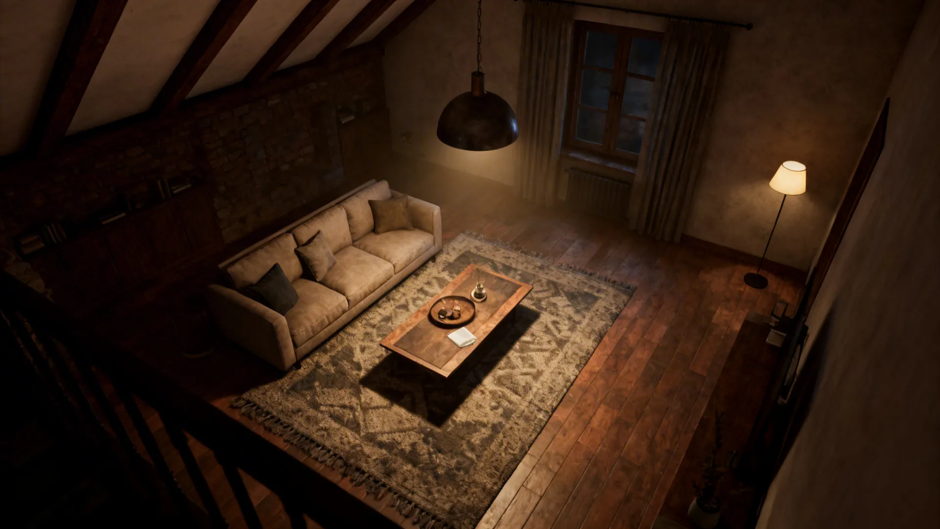 Seating area showing pendant height at human scale with layered lighting to avoid cavernous feel.