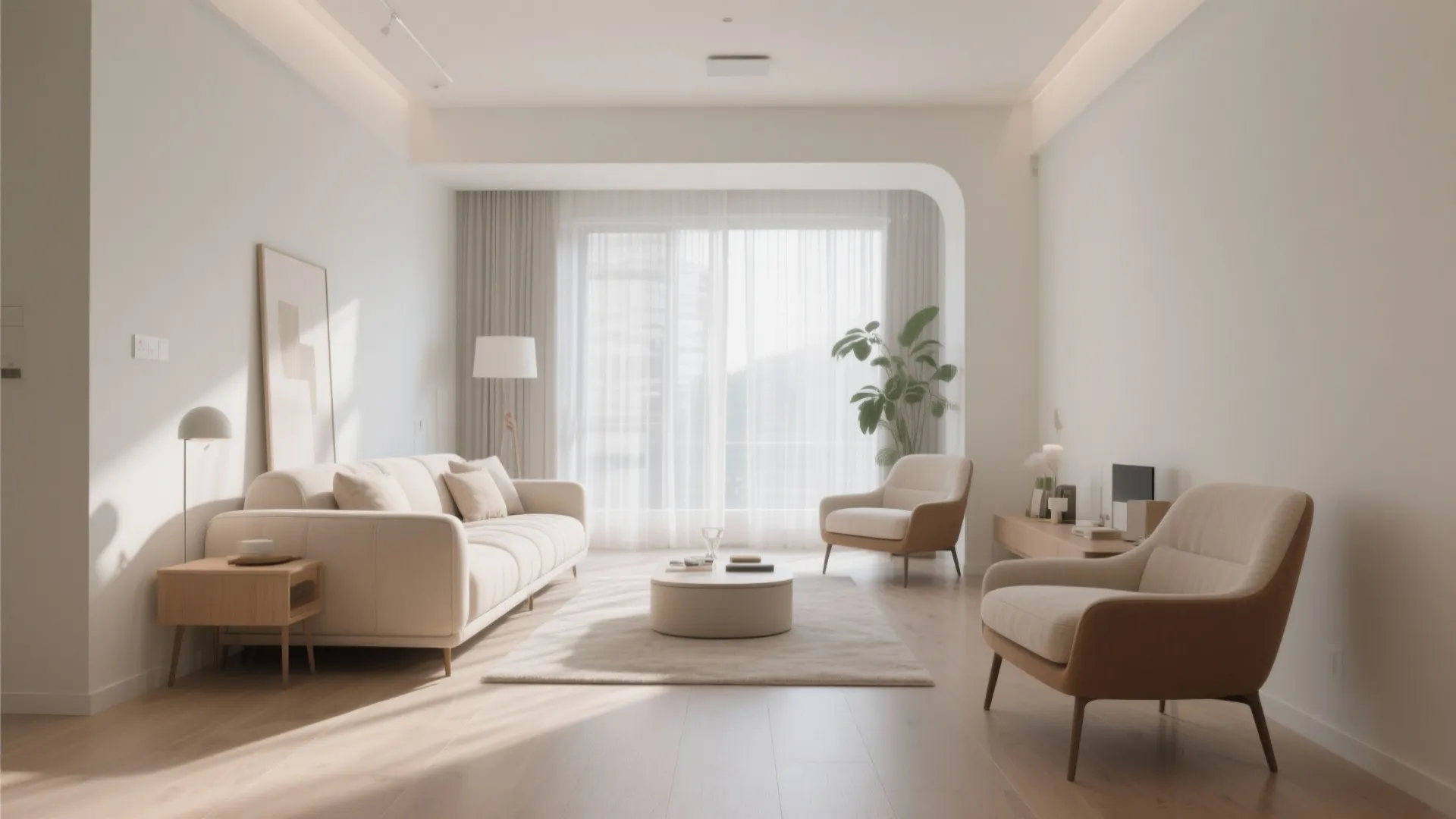 Spacious modern living room featuring cream sofa two armchairs round coffee table and floor to window