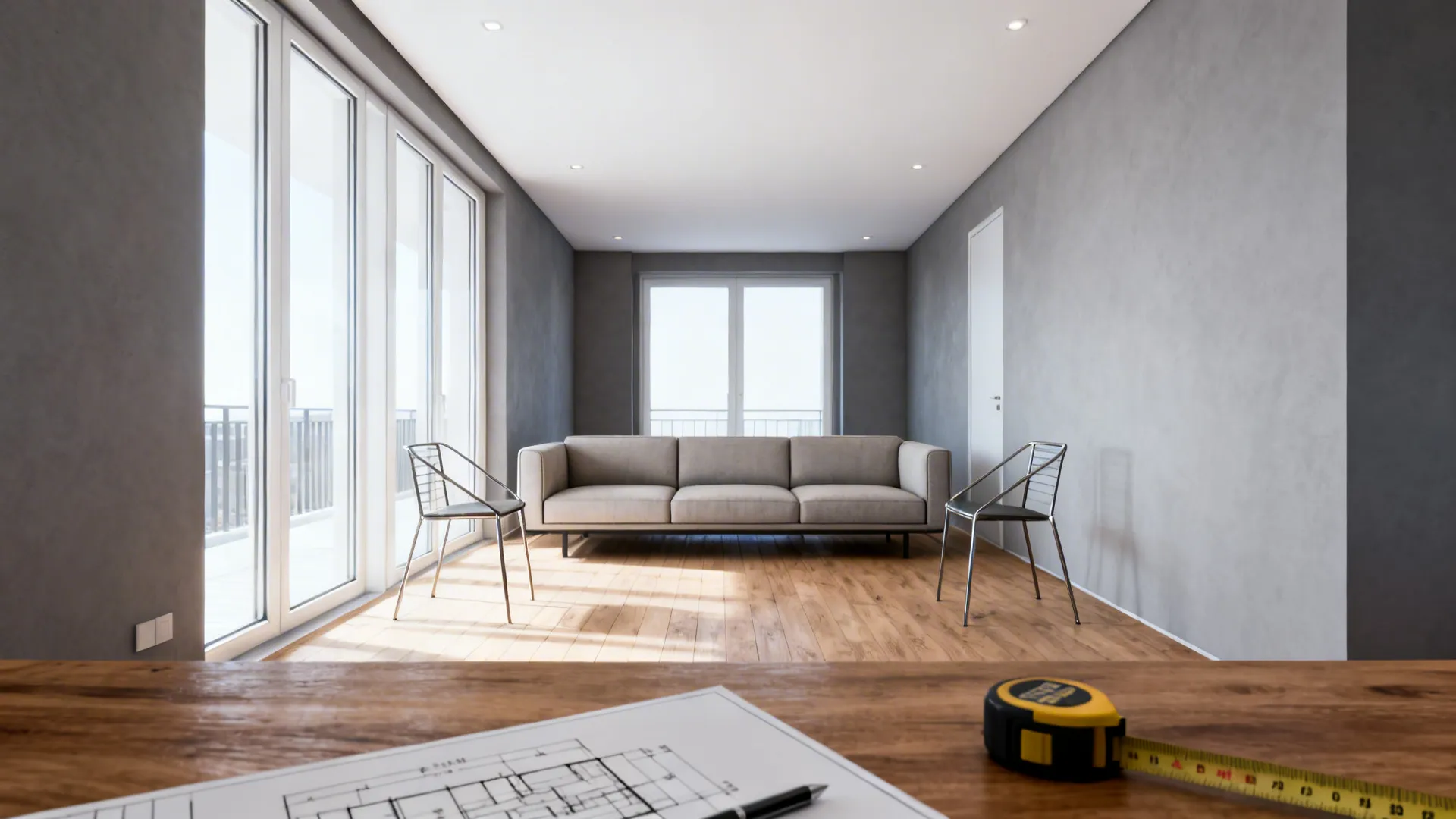 Narrow living area showing a low sectional with slim metal chairs and a layout sketch emphasizing scale.