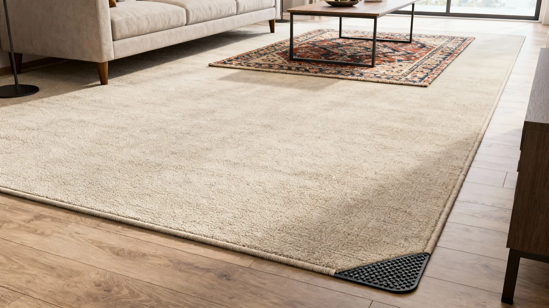 Large beige rug on wooden floor with small patterned rug under coffee table and sofa