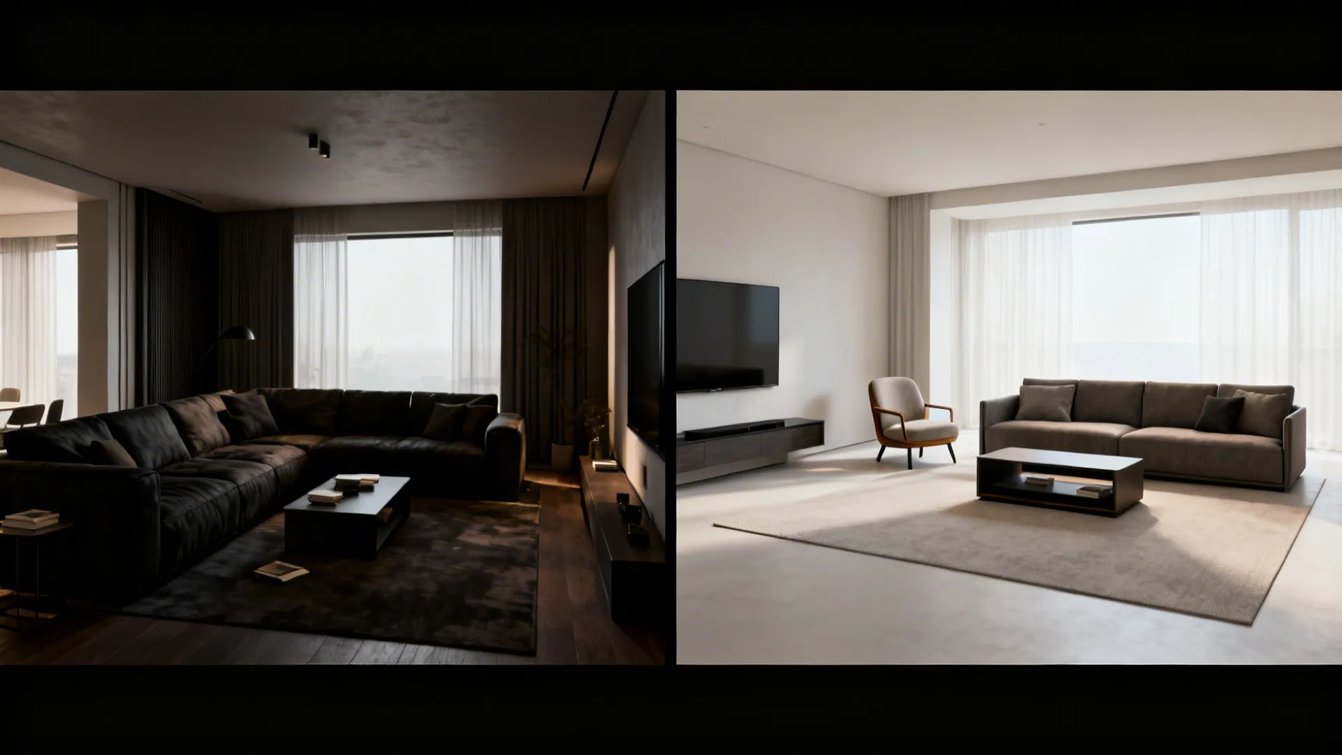 Before and after of small living room showing heavy furniture replaced by scaled pieces with negative space